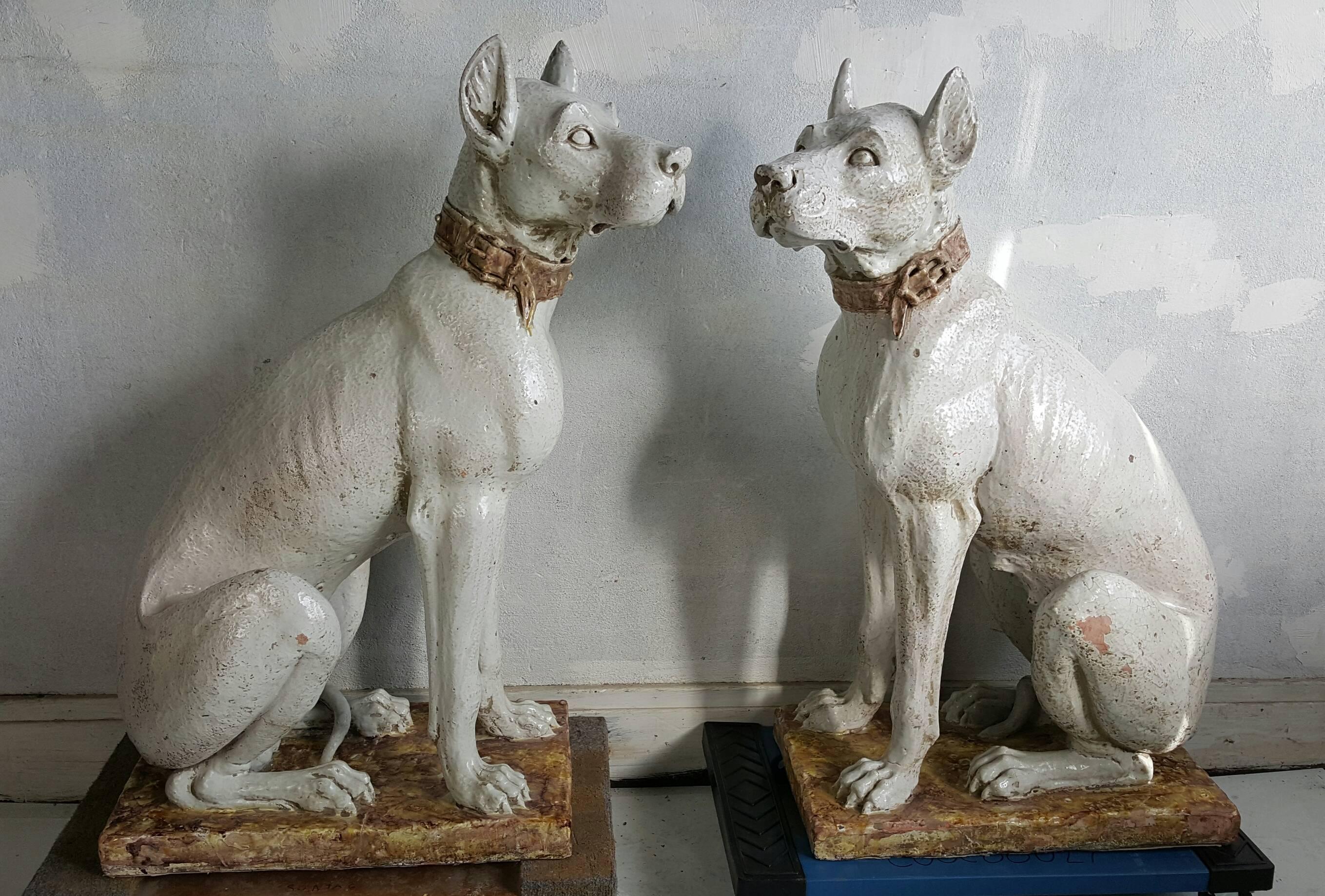 Pair of Monumental 20th Century Glazed Terra Cotta Dog Sculptures, Italy In Good Condition In Buffalo, NY