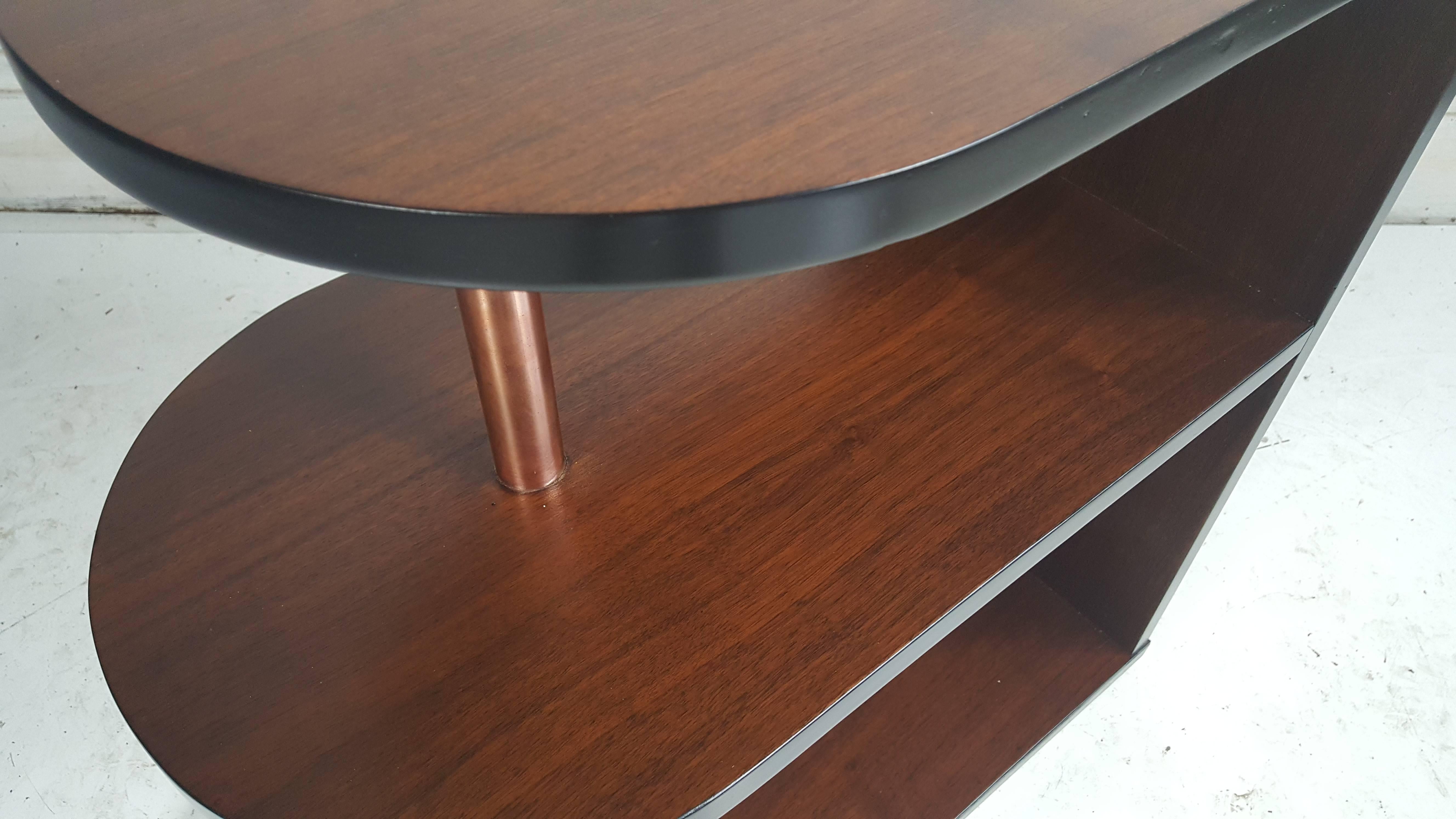 Plated Art Deco Streamlined Walnut and Copper Three-Tiered Stand