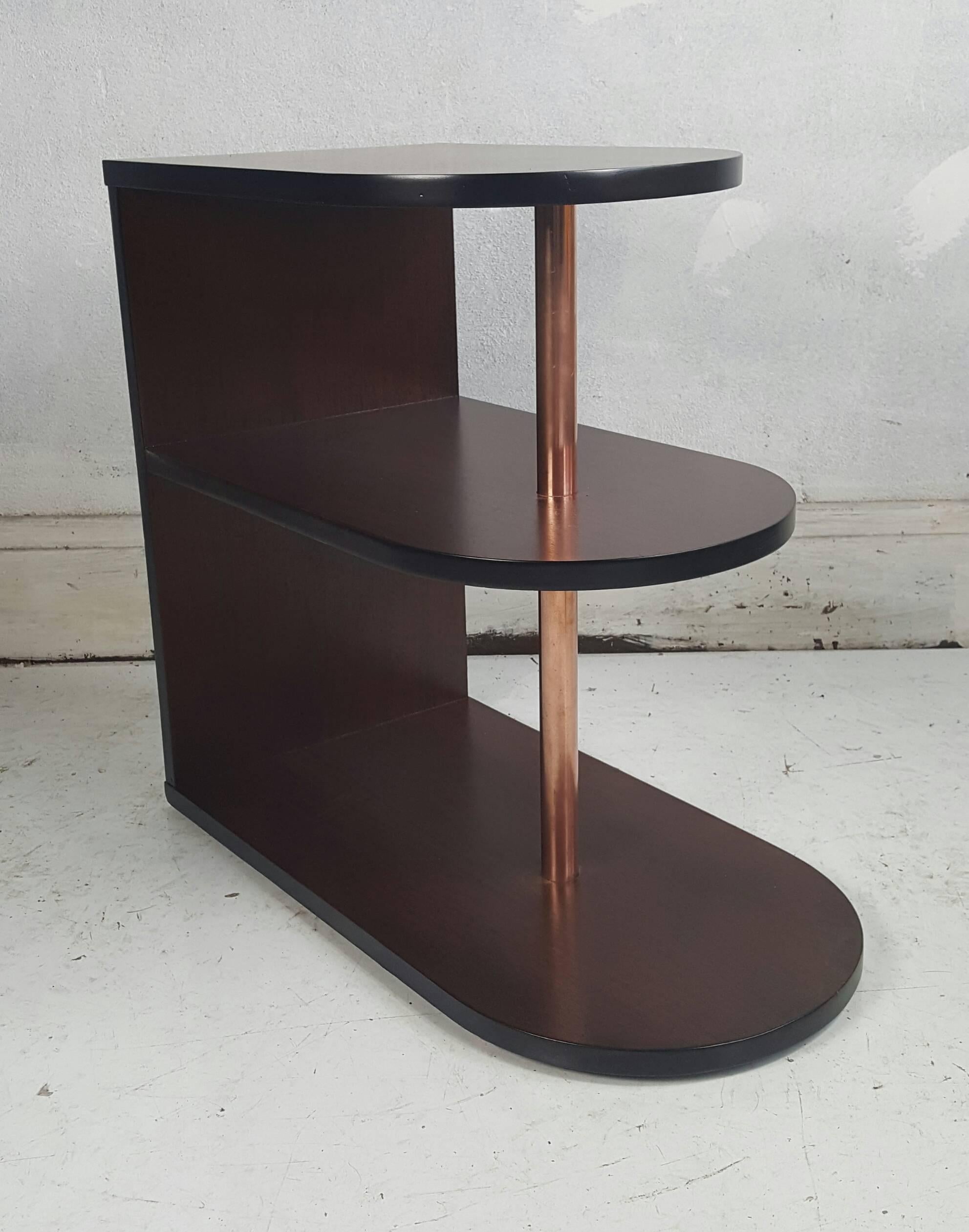 Mid-20th Century Art Deco Streamlined Walnut and Copper Three-Tiered Stand