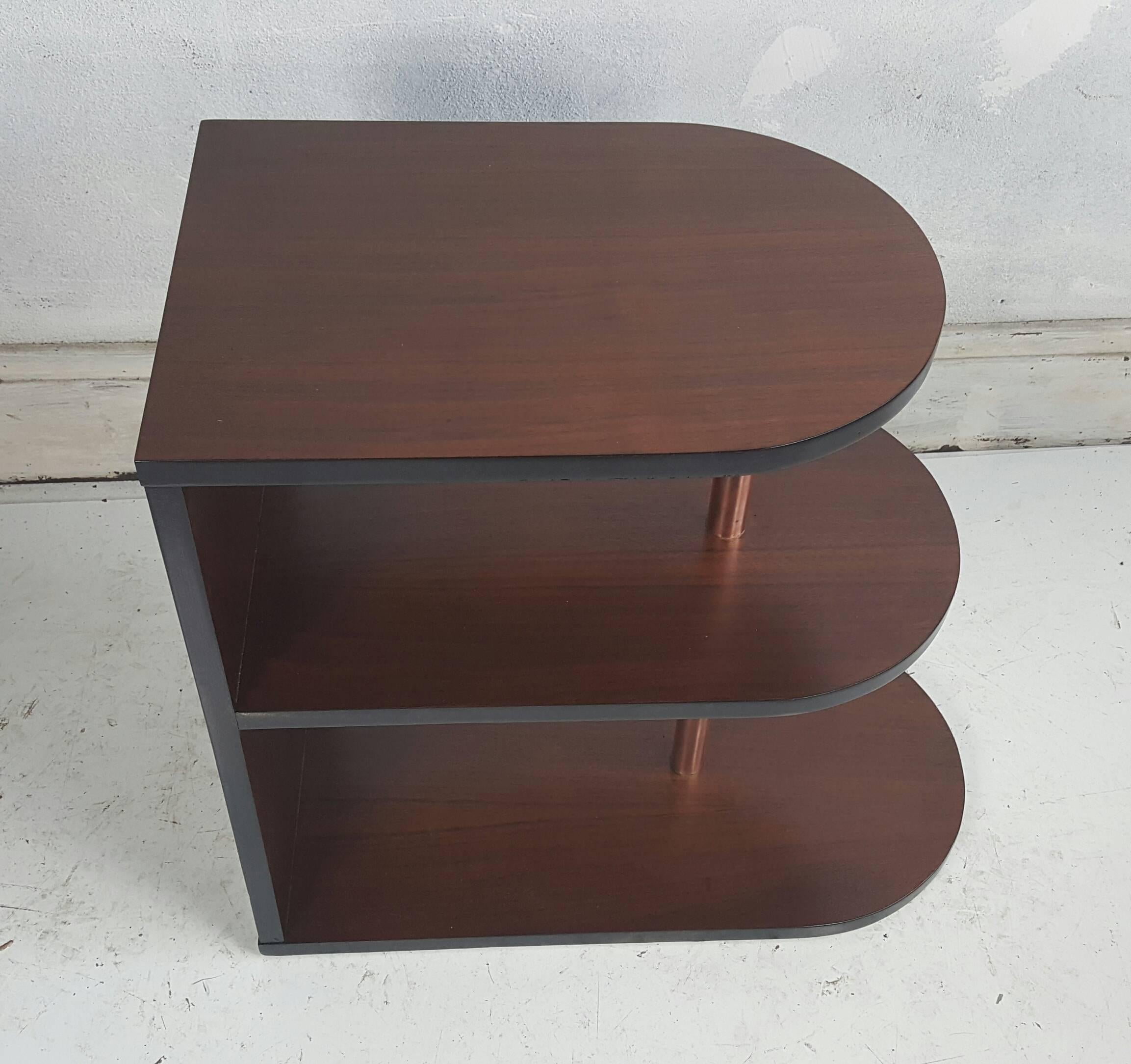 Art Deco Streamlined Walnut and Copper Three-Tiered Stand 1