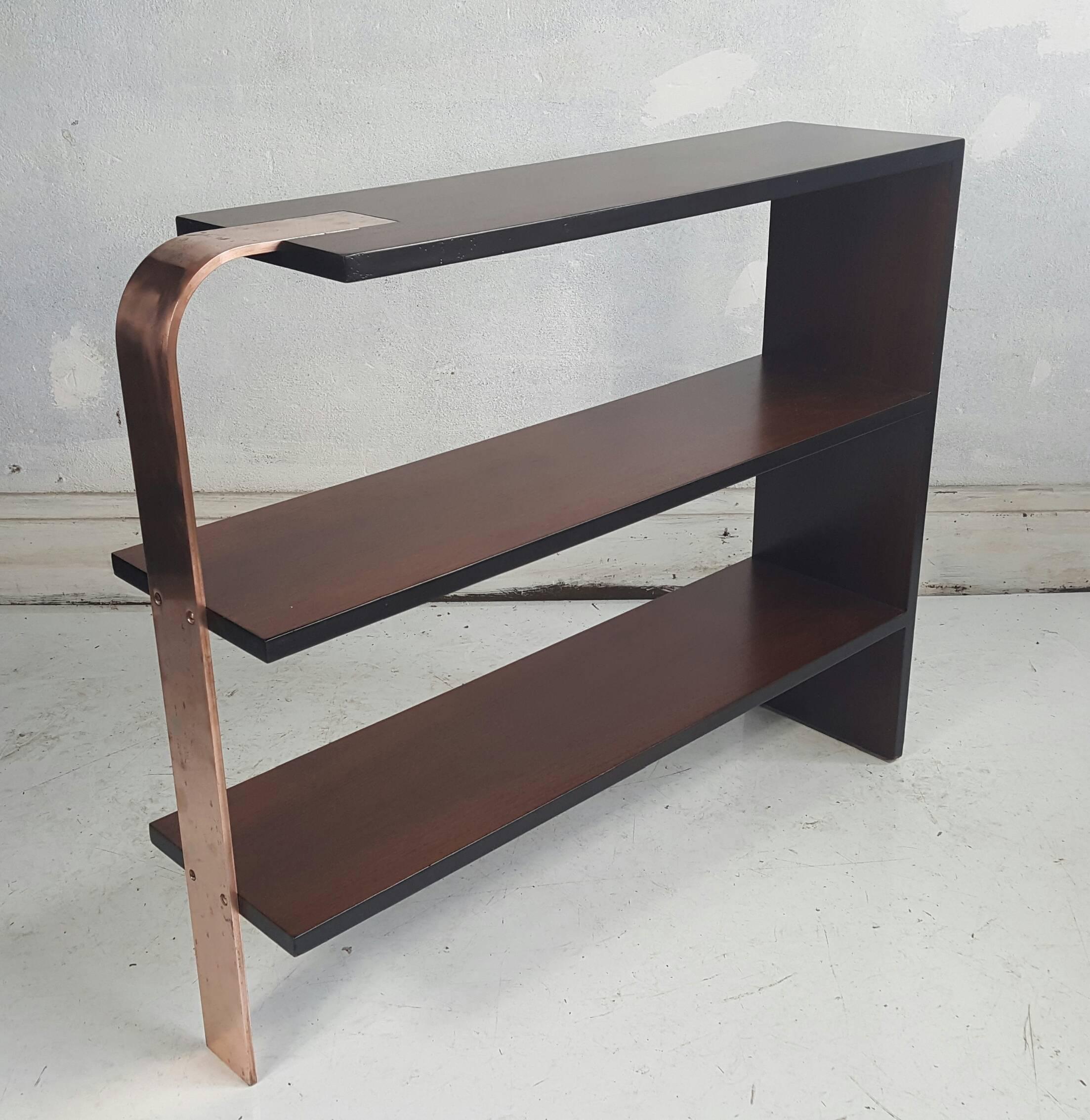 Art Deco Streamline Table/Shelf Walnut, Flat Bar Copper, Manner of Gilbert Rohde In Good Condition In Buffalo, NY