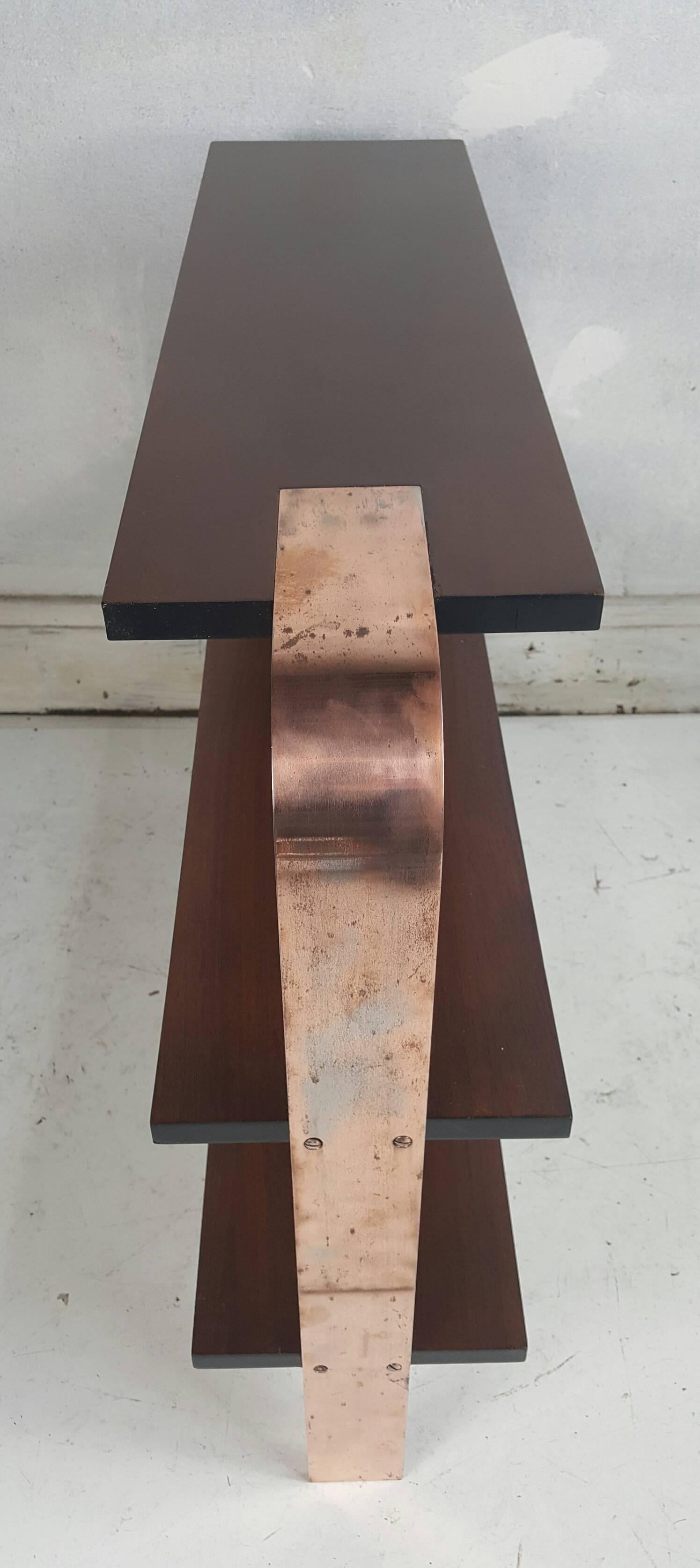 Art Deco Streamline Table/Shelf Walnut, Flat Bar Copper, Manner of Gilbert Rohde 1