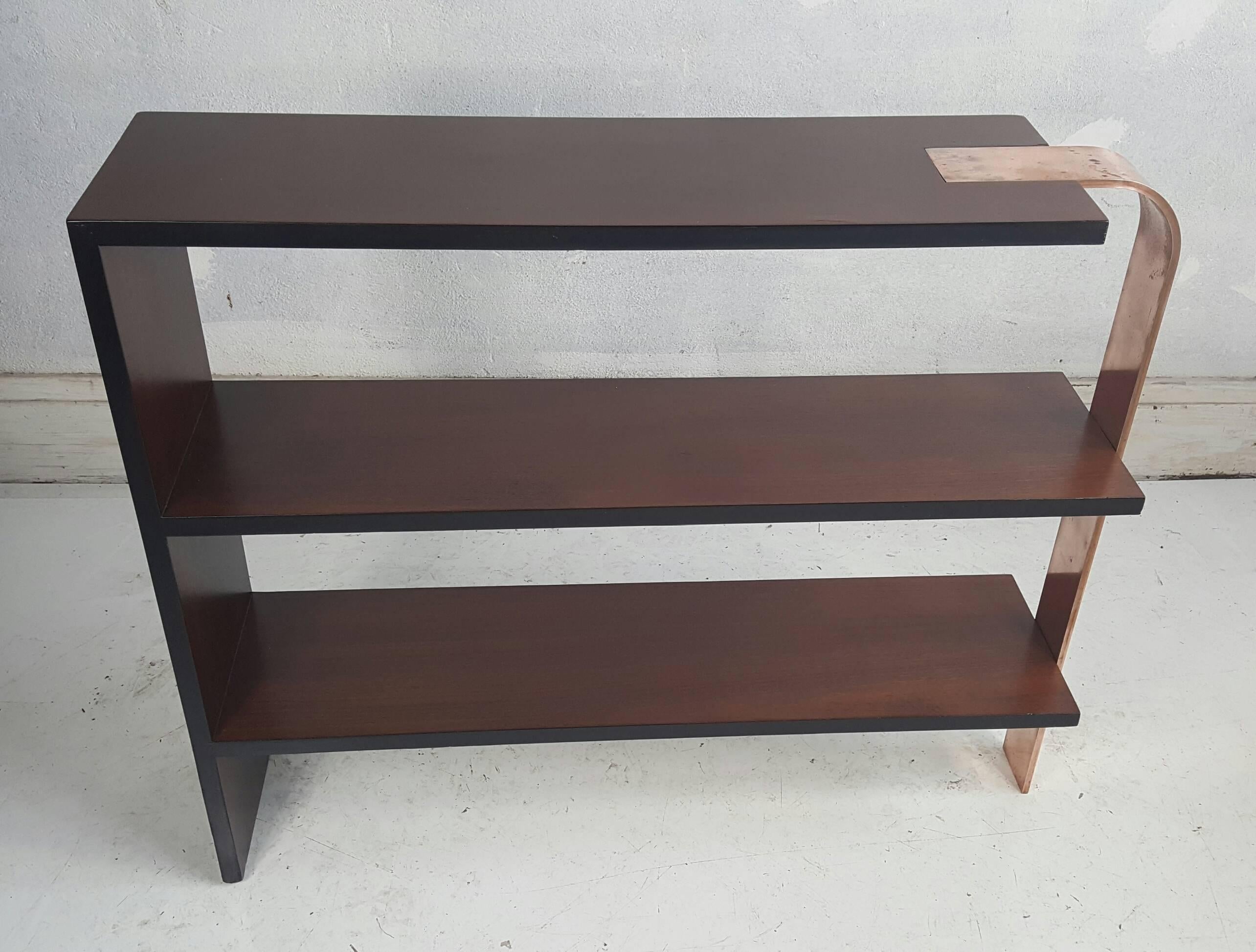 Art Deco streamline table of shelf, wonderful design, three tiers of walnut wood tops joined by 3-4 inch copper-plated steel band.