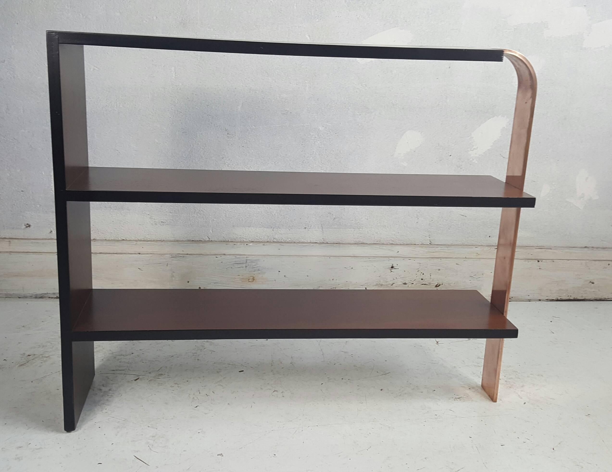 Plated Art Deco Streamline Table/Shelf Walnut, Flat Bar Copper, Manner of Gilbert Rohde
