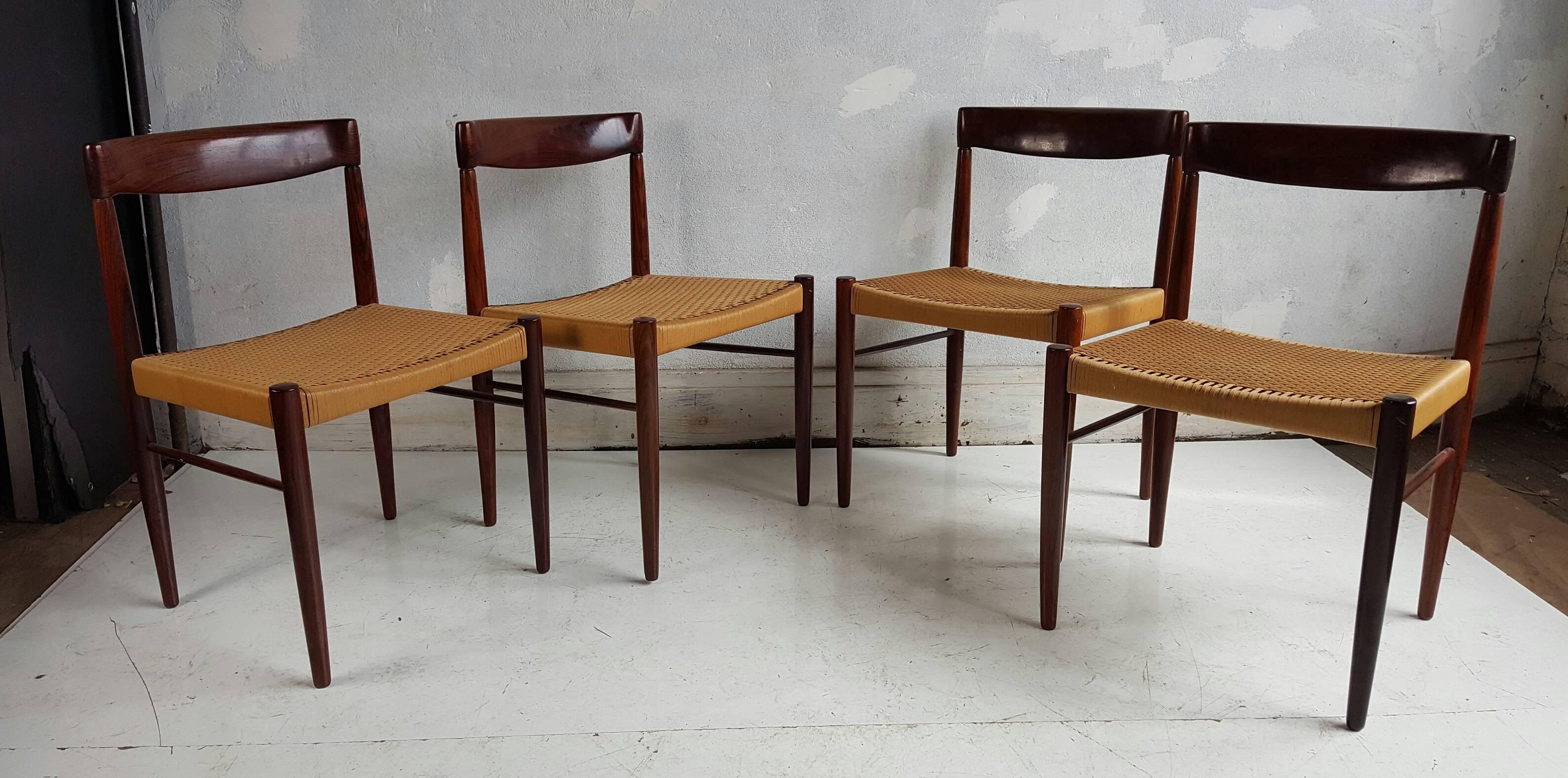Danish Set of Four Rosewood and Rush Dining Chairs H.W.Klein for Bramen, Denmark