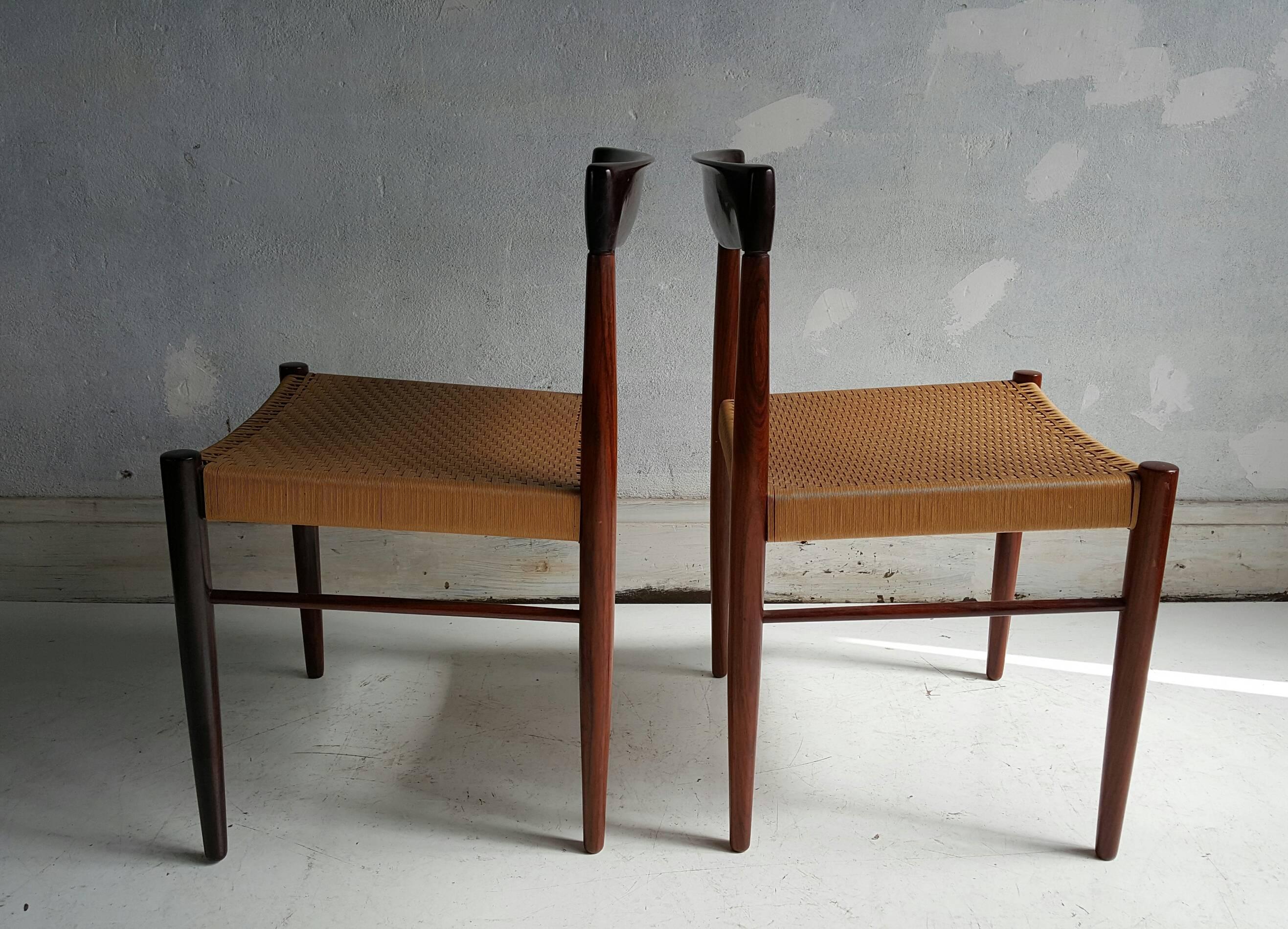 Set of Four Rosewood and Rush Dining Chairs H.W.Klein for Bramen, Denmark 3