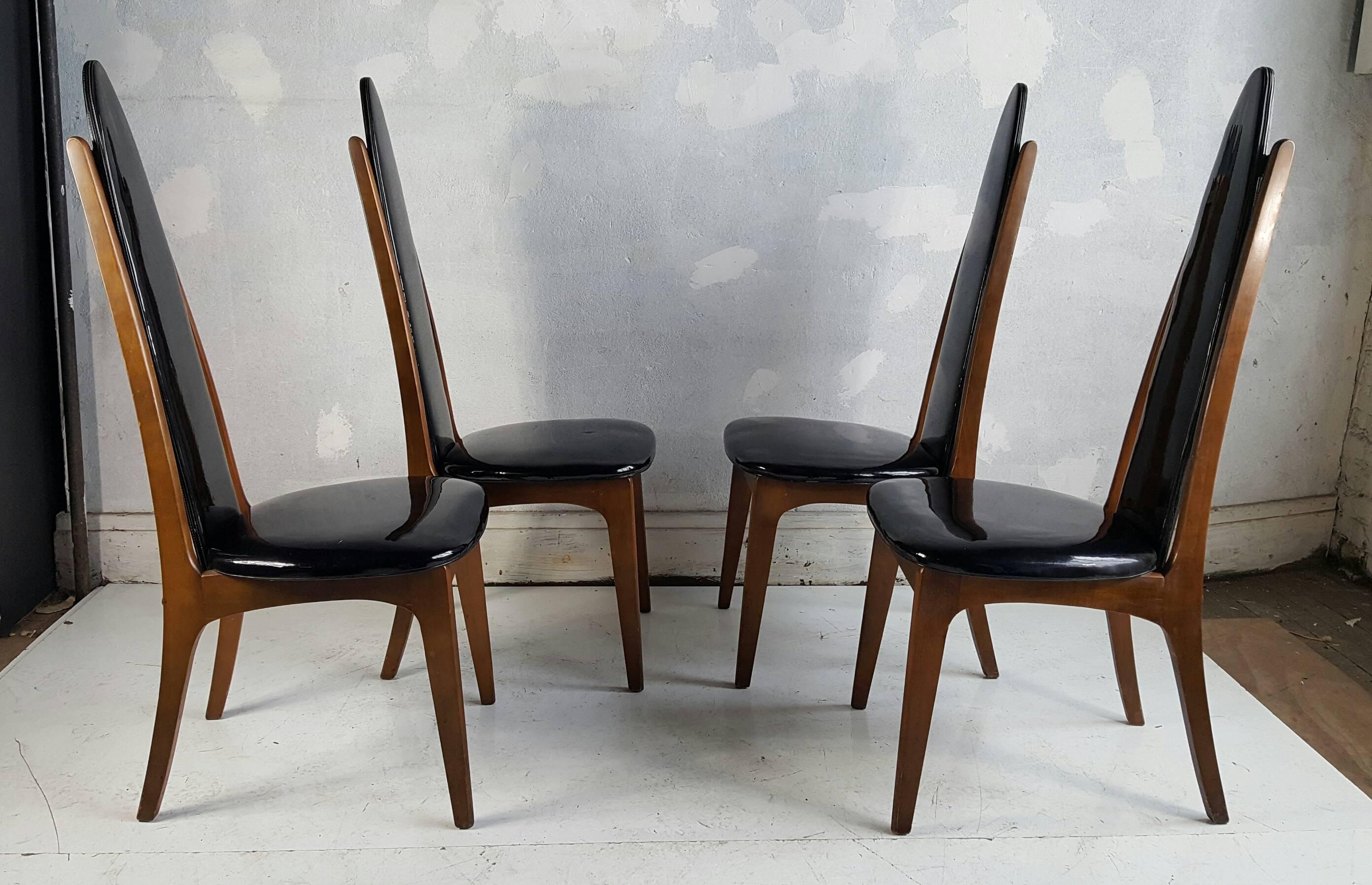 Hollywood Regency Set of Four Black Patent Leather Modernist Regency Dining Chairs