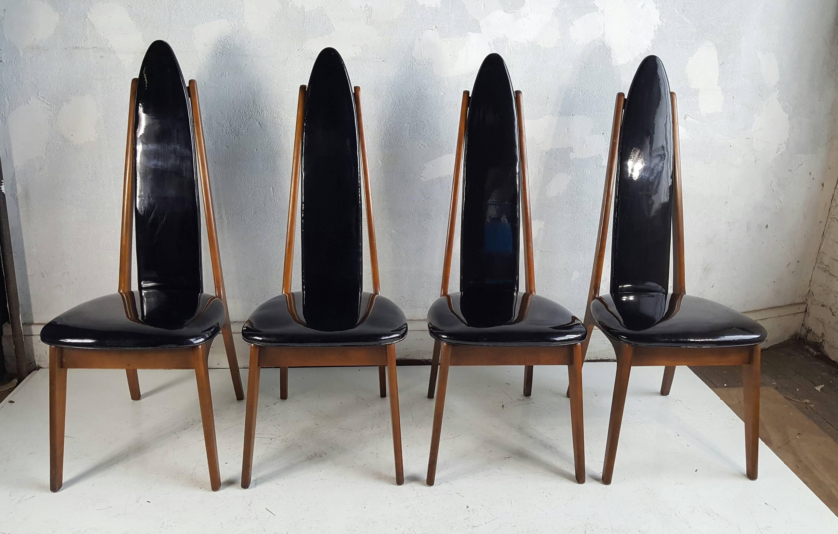 20th Century Set of Four Black Patent Leather Modernist Regency Dining Chairs