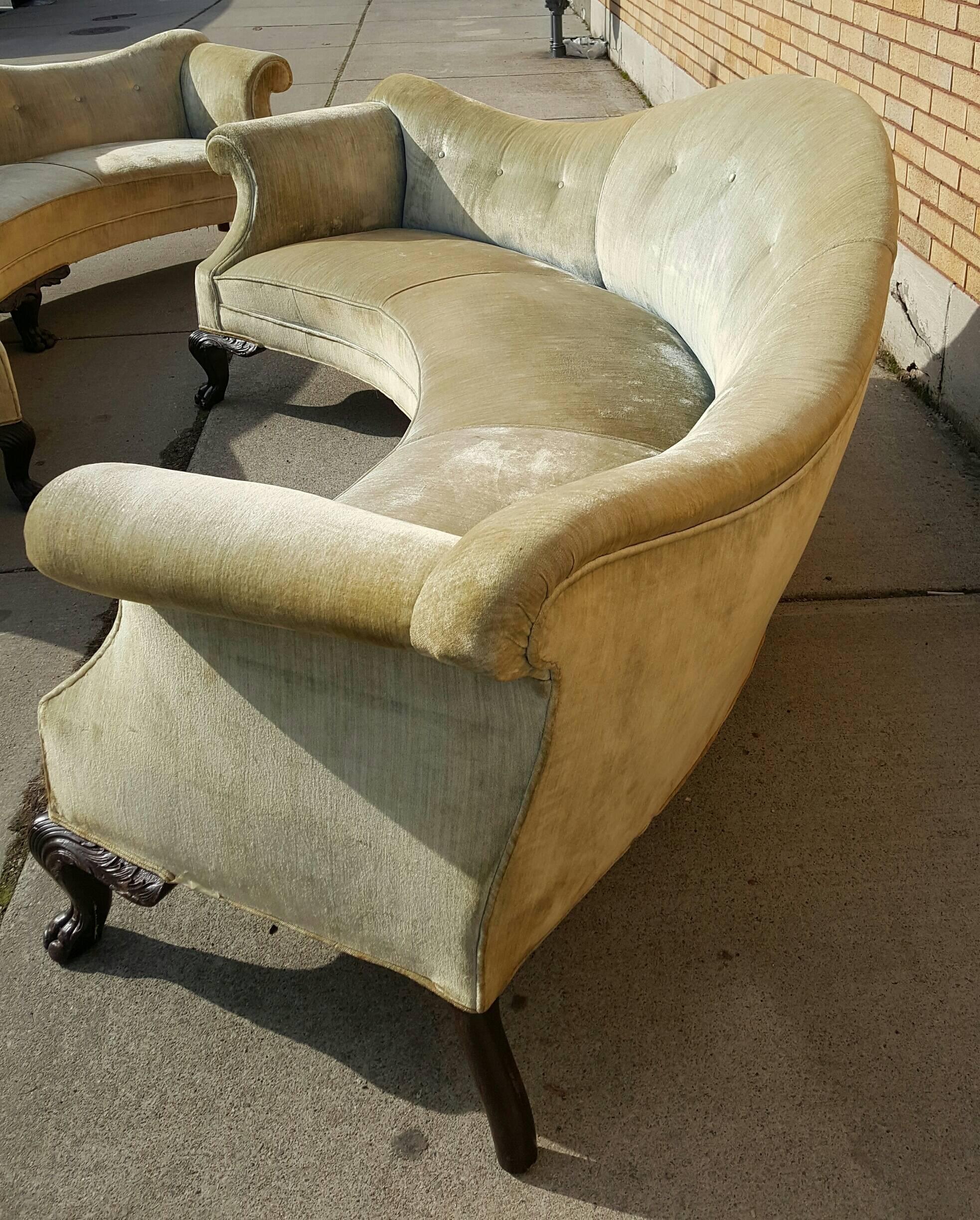 Carved Matching Pair of Unusual, Monumental Queen Anne Curved Sofas