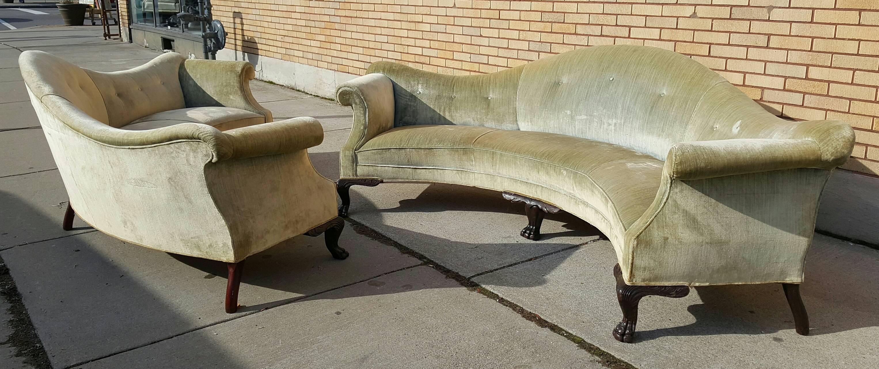 American Matching Pair of Unusual, Monumental Queen Anne Curved Sofas