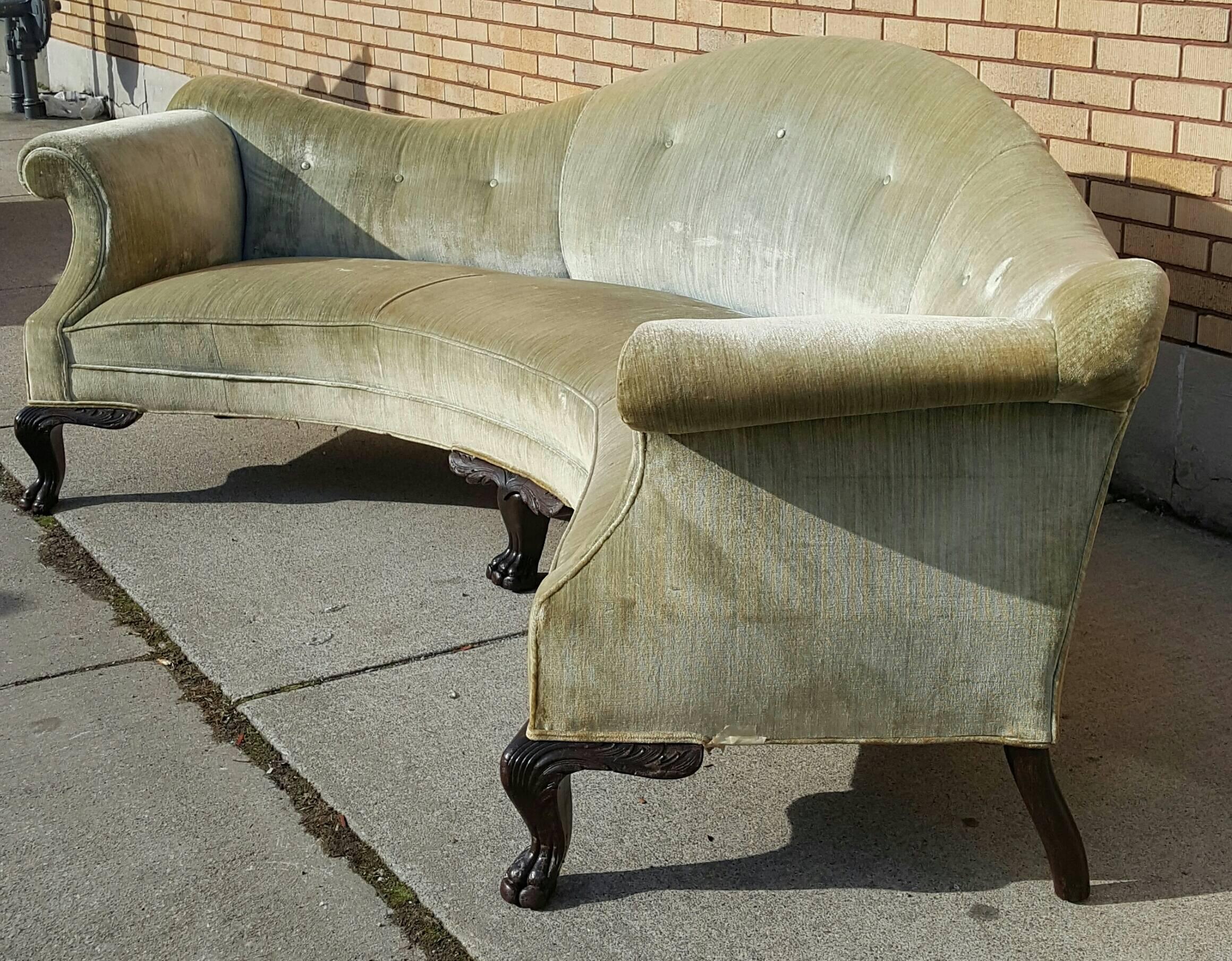 Matching Pair of Unusual, Monumental Queen Anne Curved Sofas In Fair Condition In Buffalo, NY