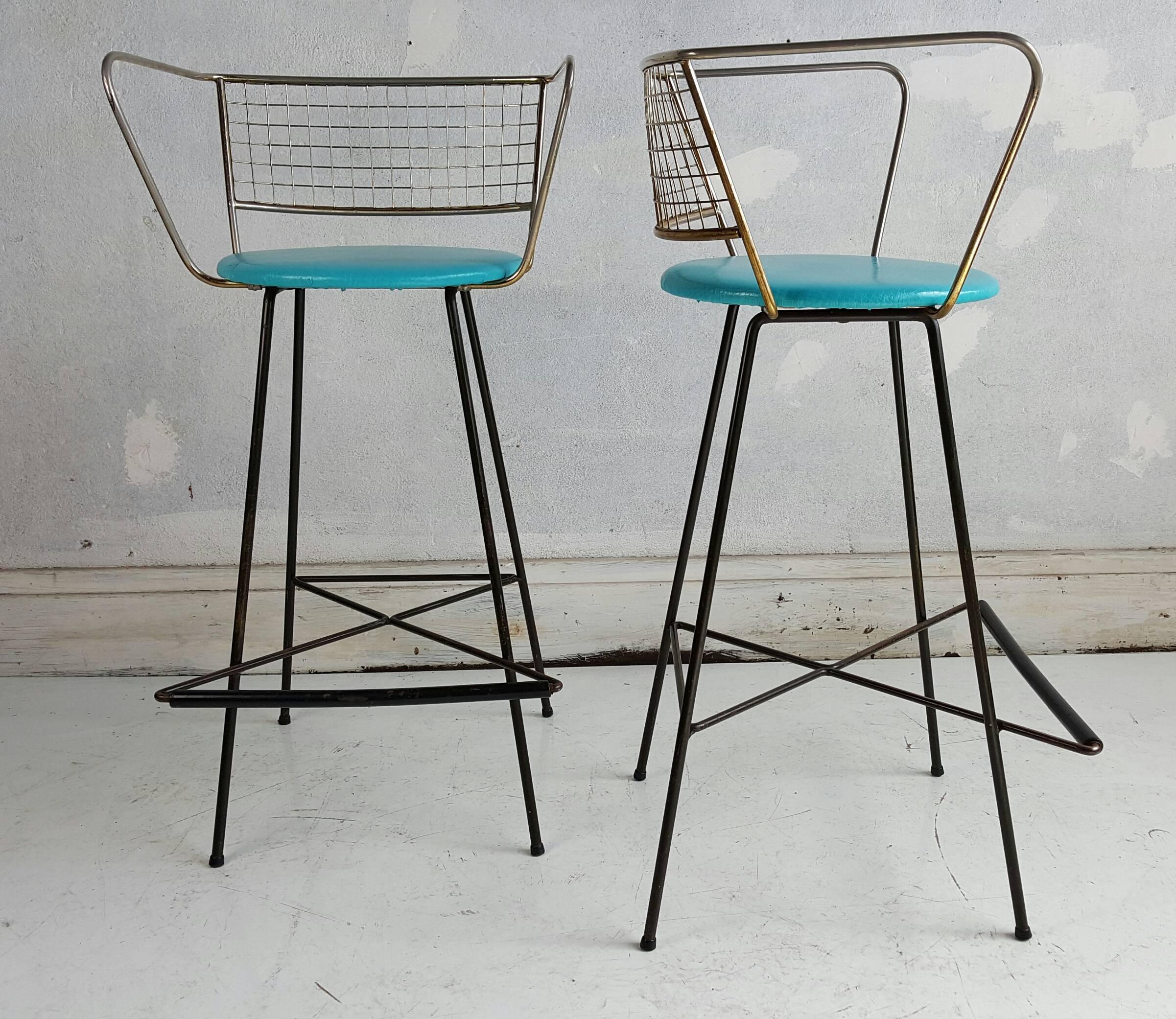Pair Mid-Century Modern Wire and Brass Bar Stools 2