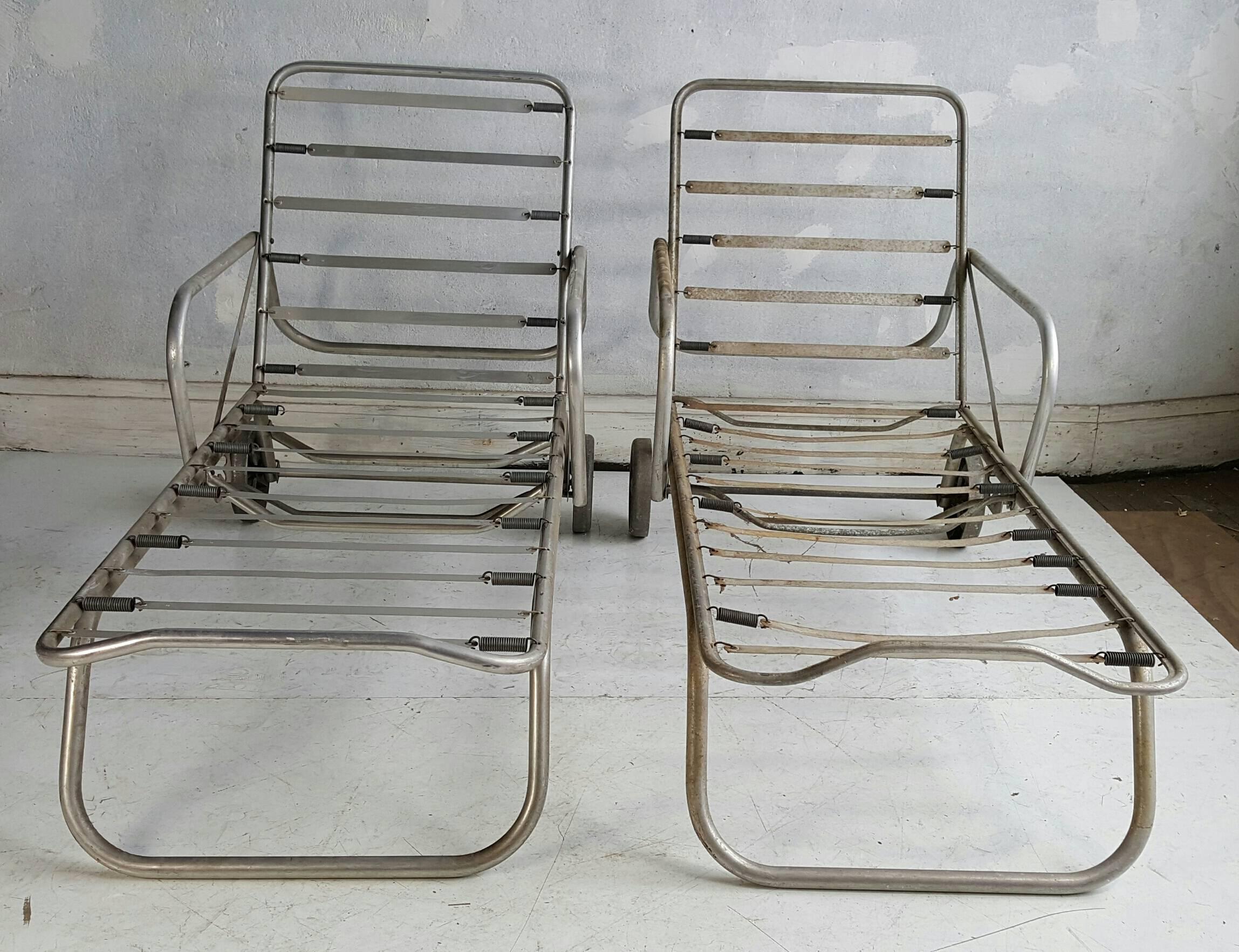 Pair of Machine Age or  Art Deco Aluminum Chaise Lounges for Outdoor Patio 1