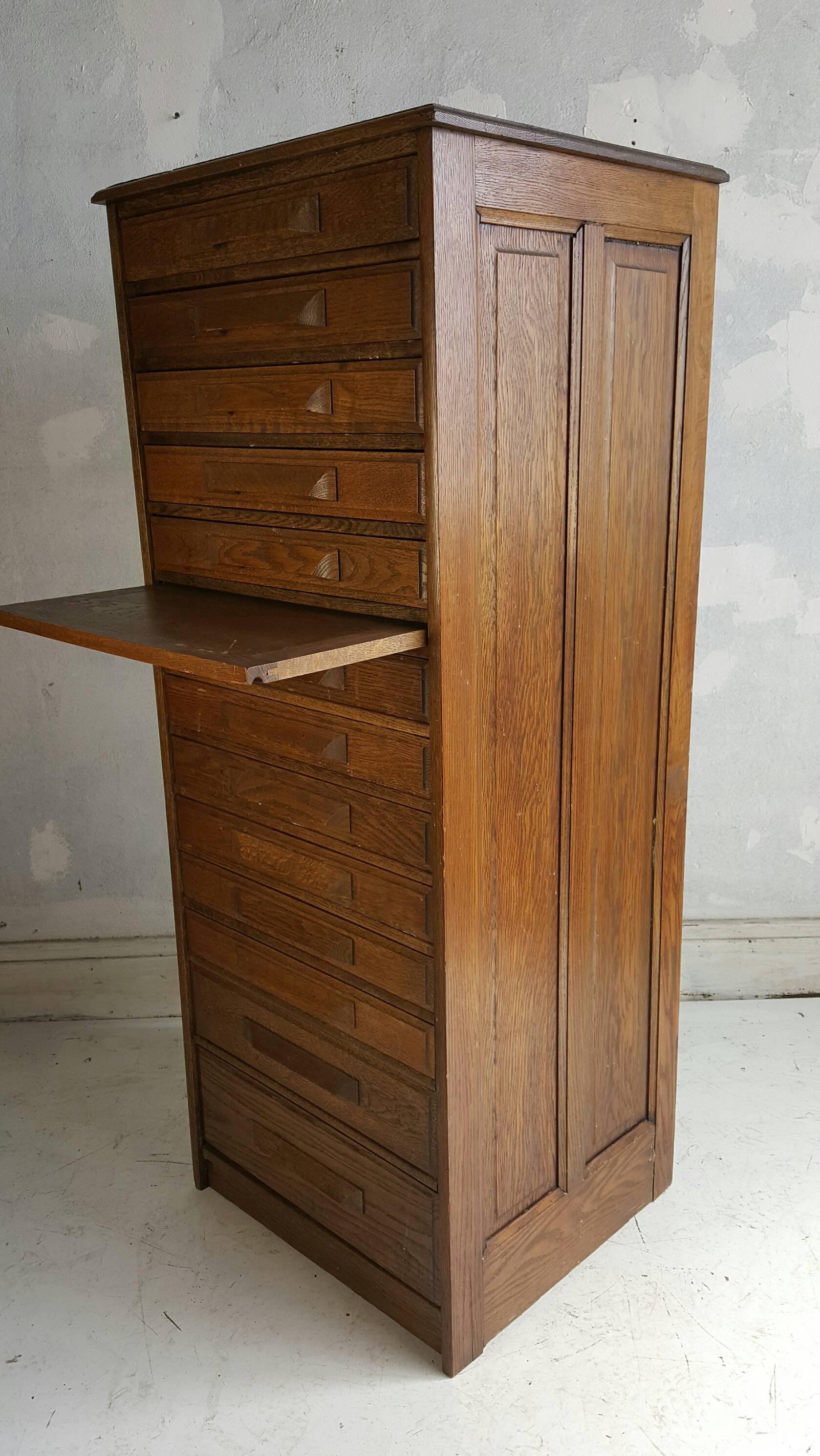 Classic Oak Industrial 13 Drawer Flat File.Architects.artist,,map cabinet,,.pull out writing tray,Raised panel sides,
