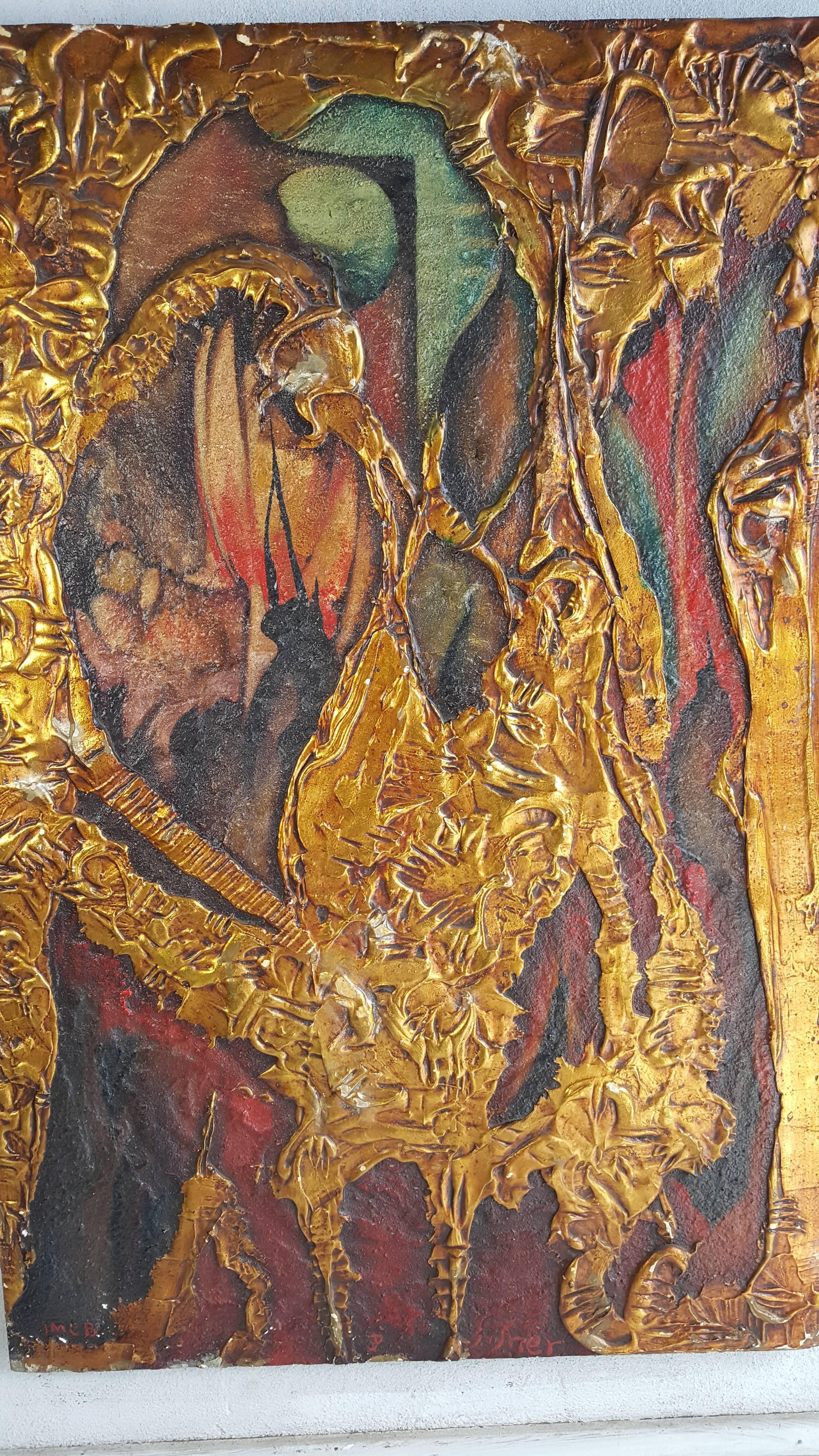 Unusual pair of modern surrealist abstract paintings, hand executed by artist Gleen Fisher, Buffalo New York. Heavy gold gilt plaster and oil paint on wood, minor losses, see photo.