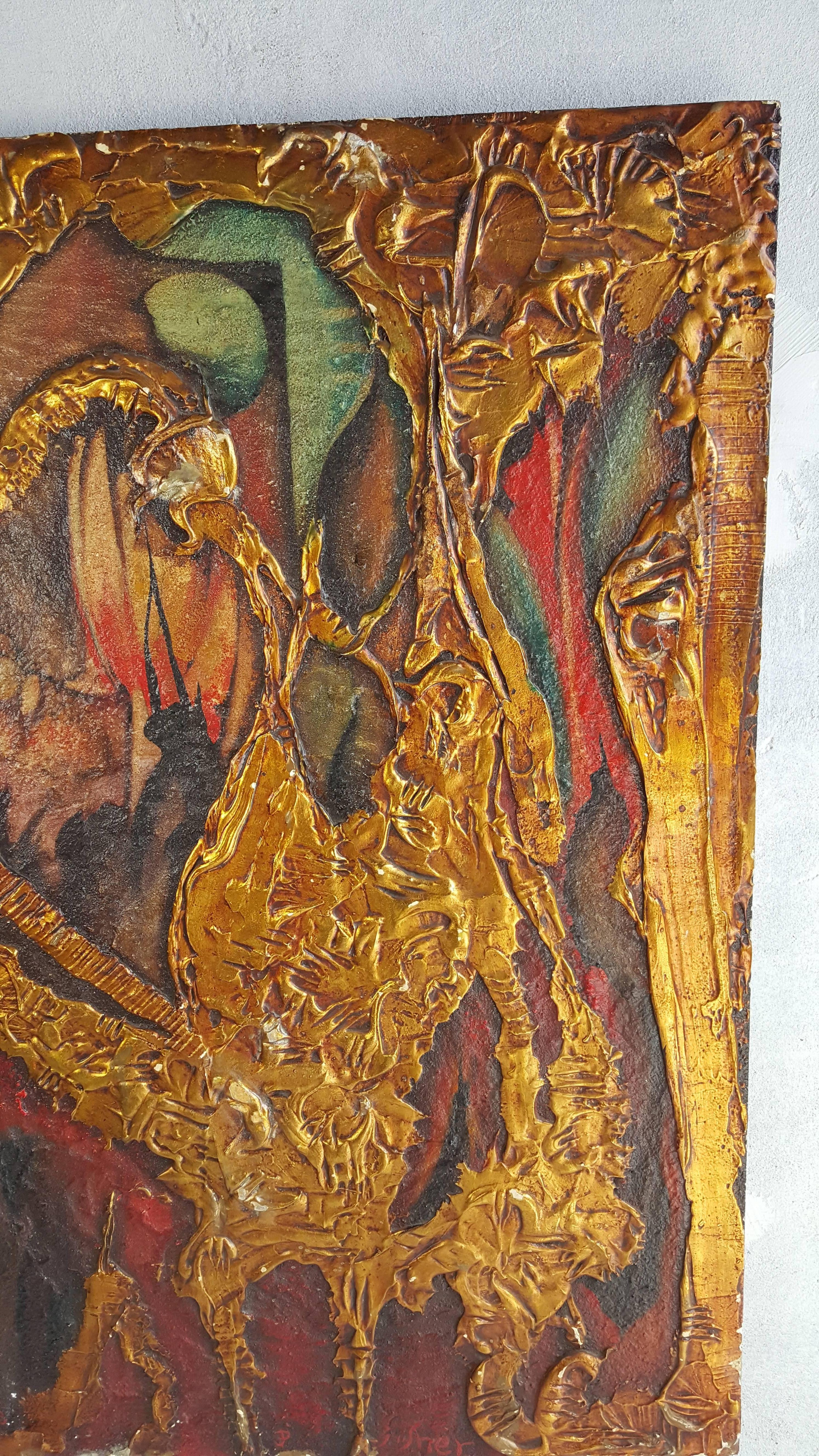 American Surrealist Heavy Gold Gilt Imposto Paintings, 1970s Glenn Fisher, Bflo. N. Y For Sale