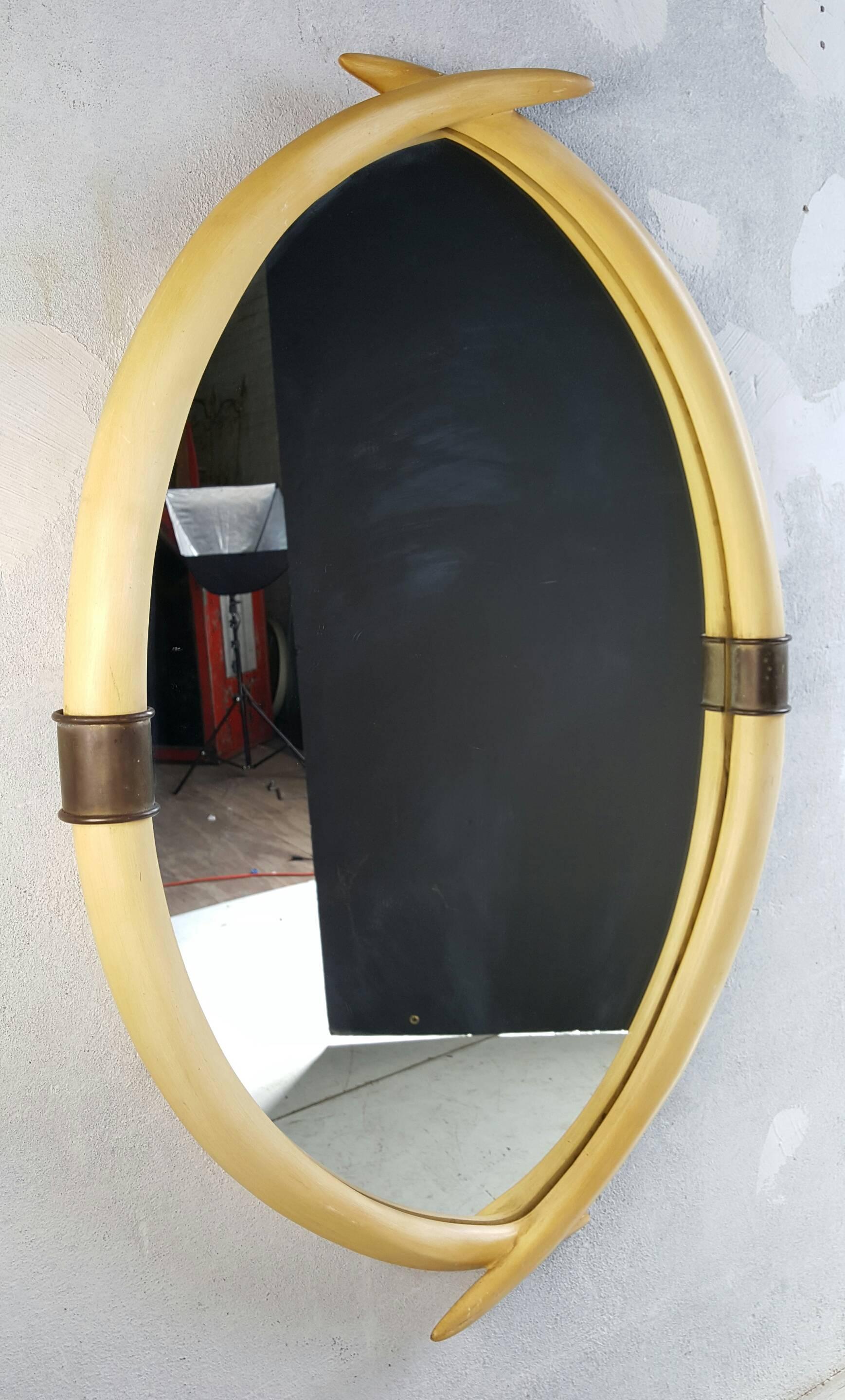 Late 20th Century Hollywood Regency Brass and Faux Ivory Tusk Wall Mirror by Chapman, 1976  