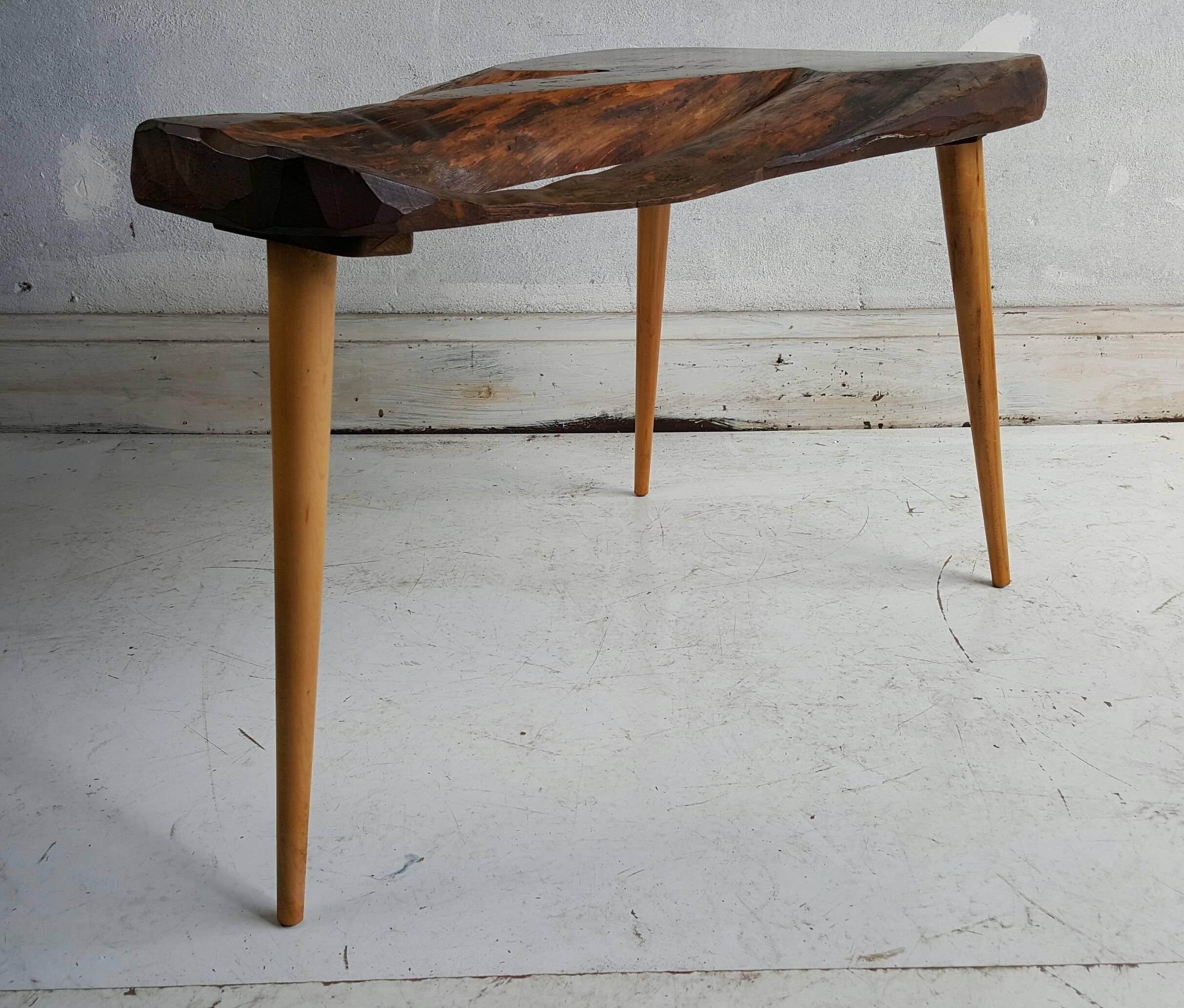 Modernist bench made free edge occasional table. Nakashima meets McCobb. Wonderful solid walnut slab, Classic Mid-Century blond birch tapered legs.