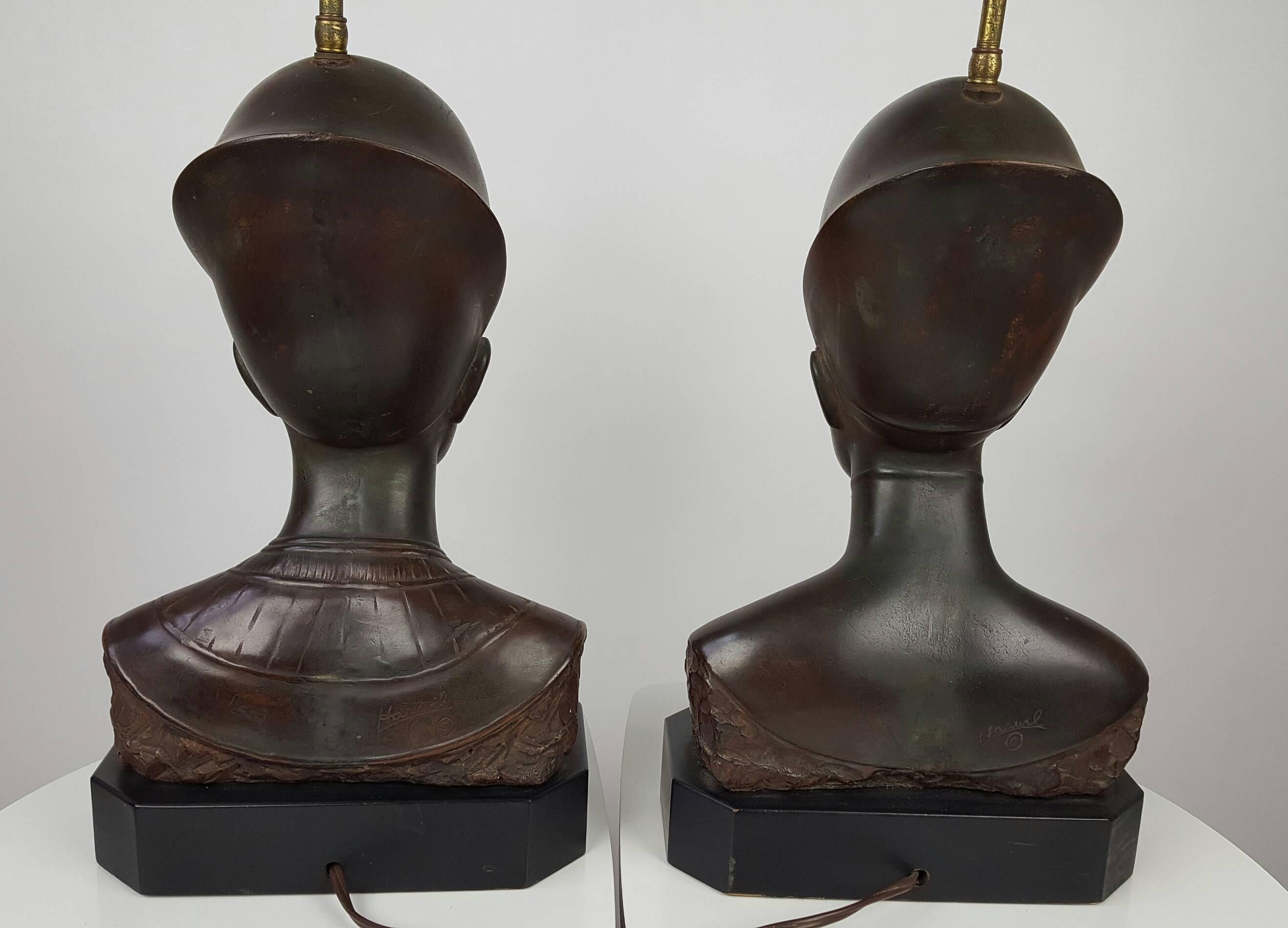 20th Century Pair of Bronzed Egyptian Pharoh King and Queen Busts, Table Lamps, Haruil