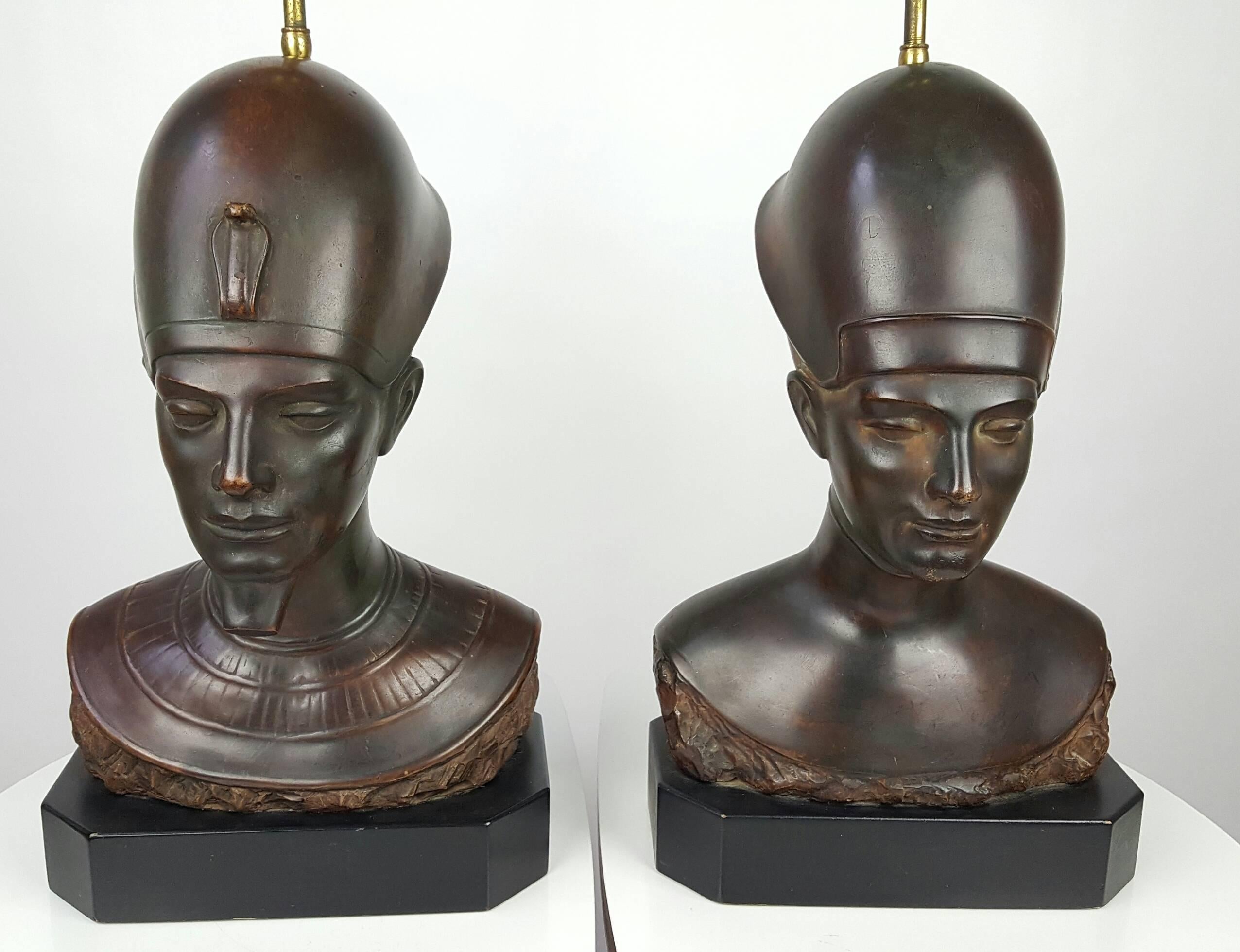 Other Pair of Bronzed Egyptian Pharoh King and Queen Busts, Table Lamps, Haruil