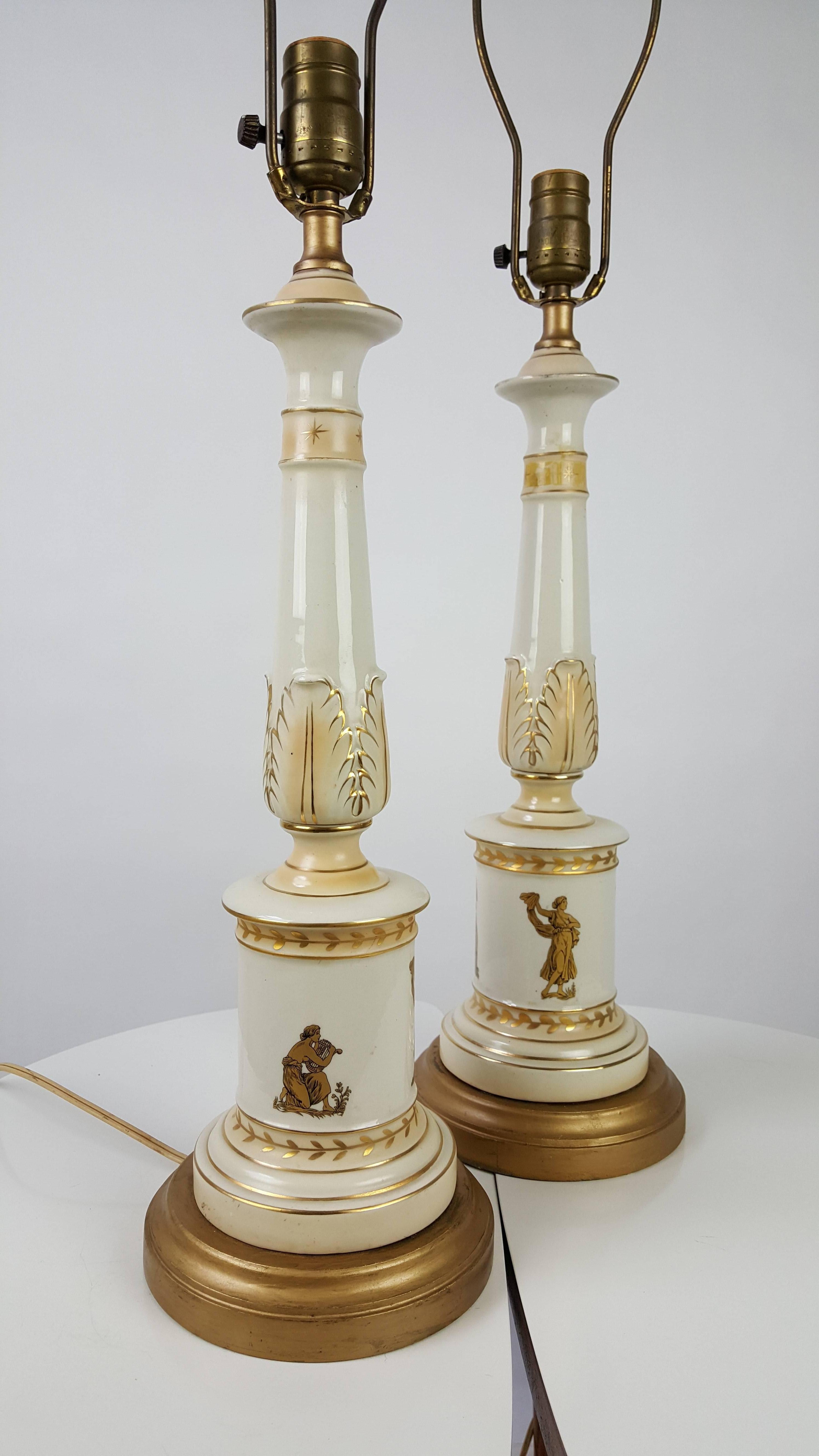 Italian Pair of Neoclassical Porcelain Lamps, Classic Grecian Motif, Italy