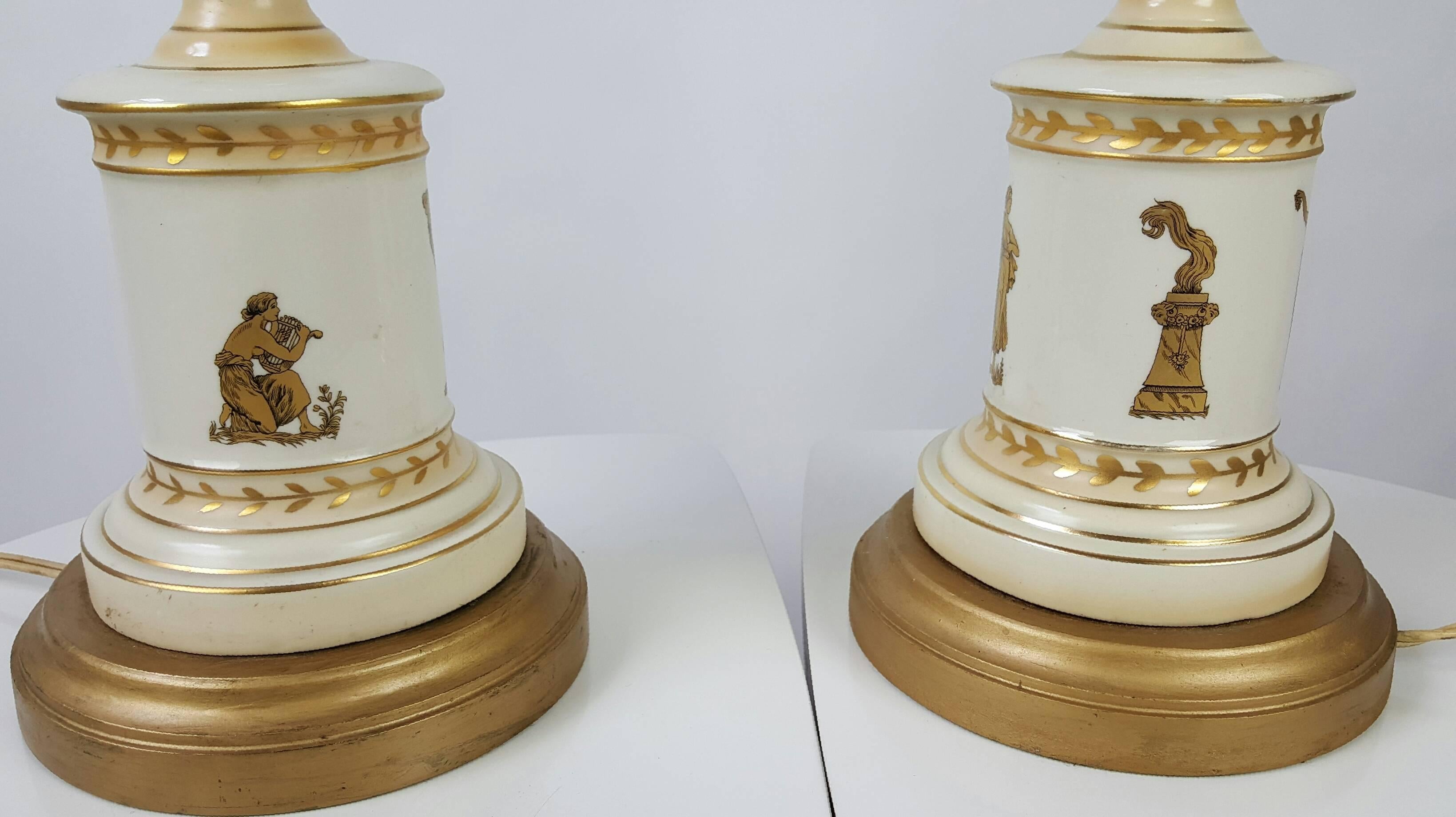 Pair of Neoclassical Porcelain Lamps, Classic Grecian Motif, Italy In Good Condition In Buffalo, NY