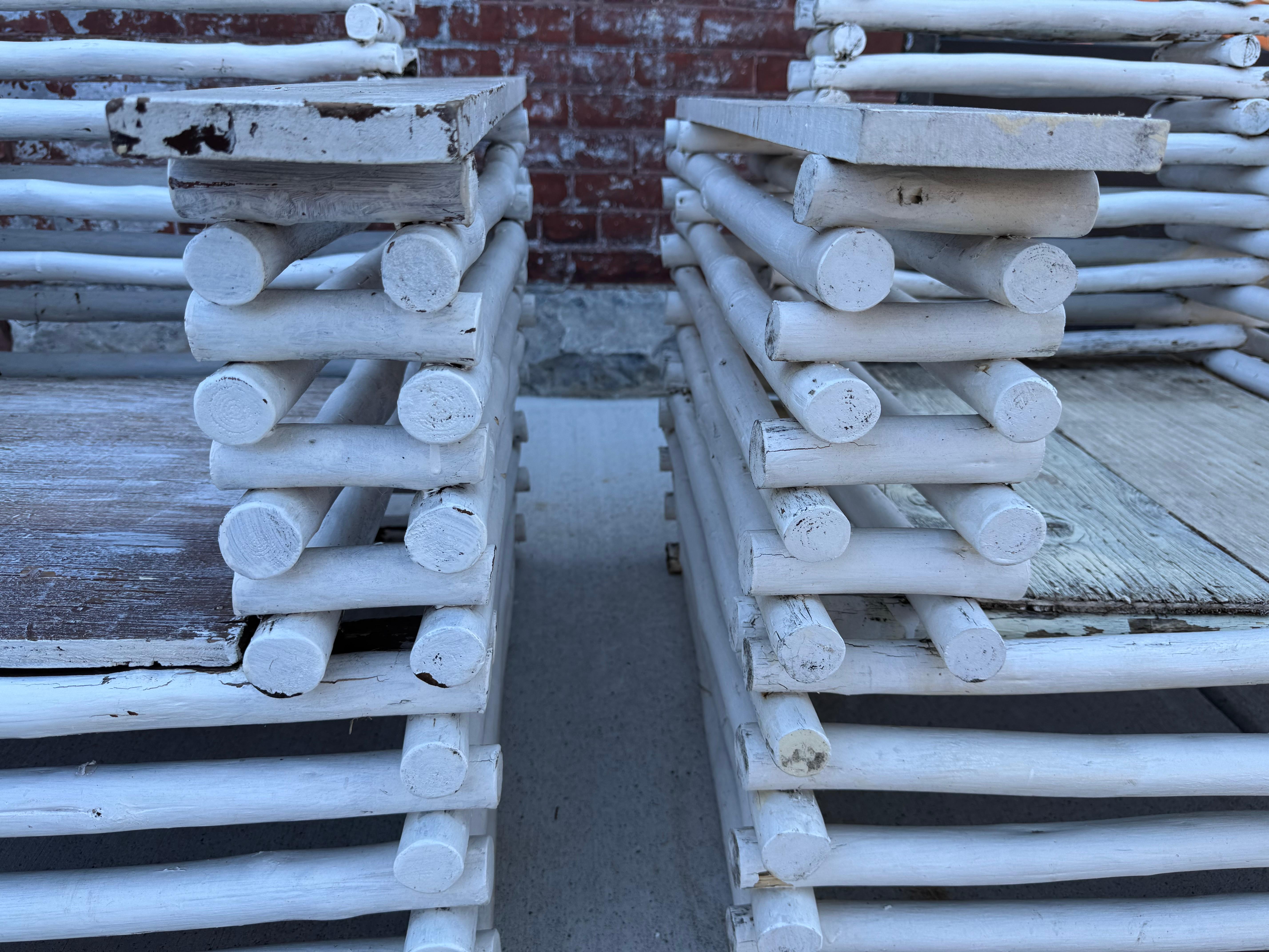 Very Unusual Architectural Stacked Twig (BRANCH)  Adirondak Lounge Arm Chairs....Amazing design,, replaced nails and screws.. missing original seat and back cushions. Hand delivery avail to New York City or anywhere en route from Buffalo NY