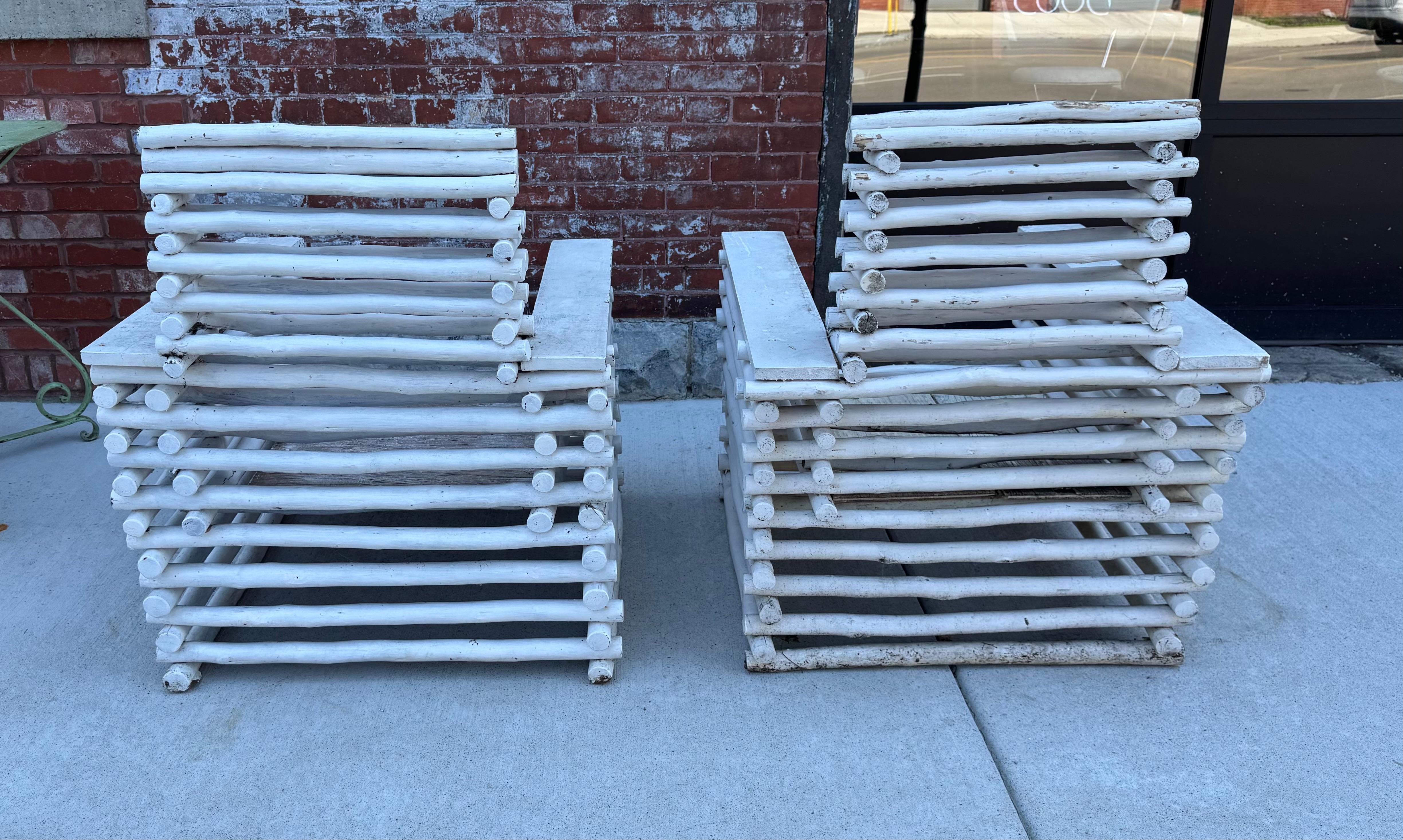 Architectural Stacked Twig (BRANCH)  Adirondak Lounge Arm Chairs In Distressed Condition For Sale In Buffalo, NY