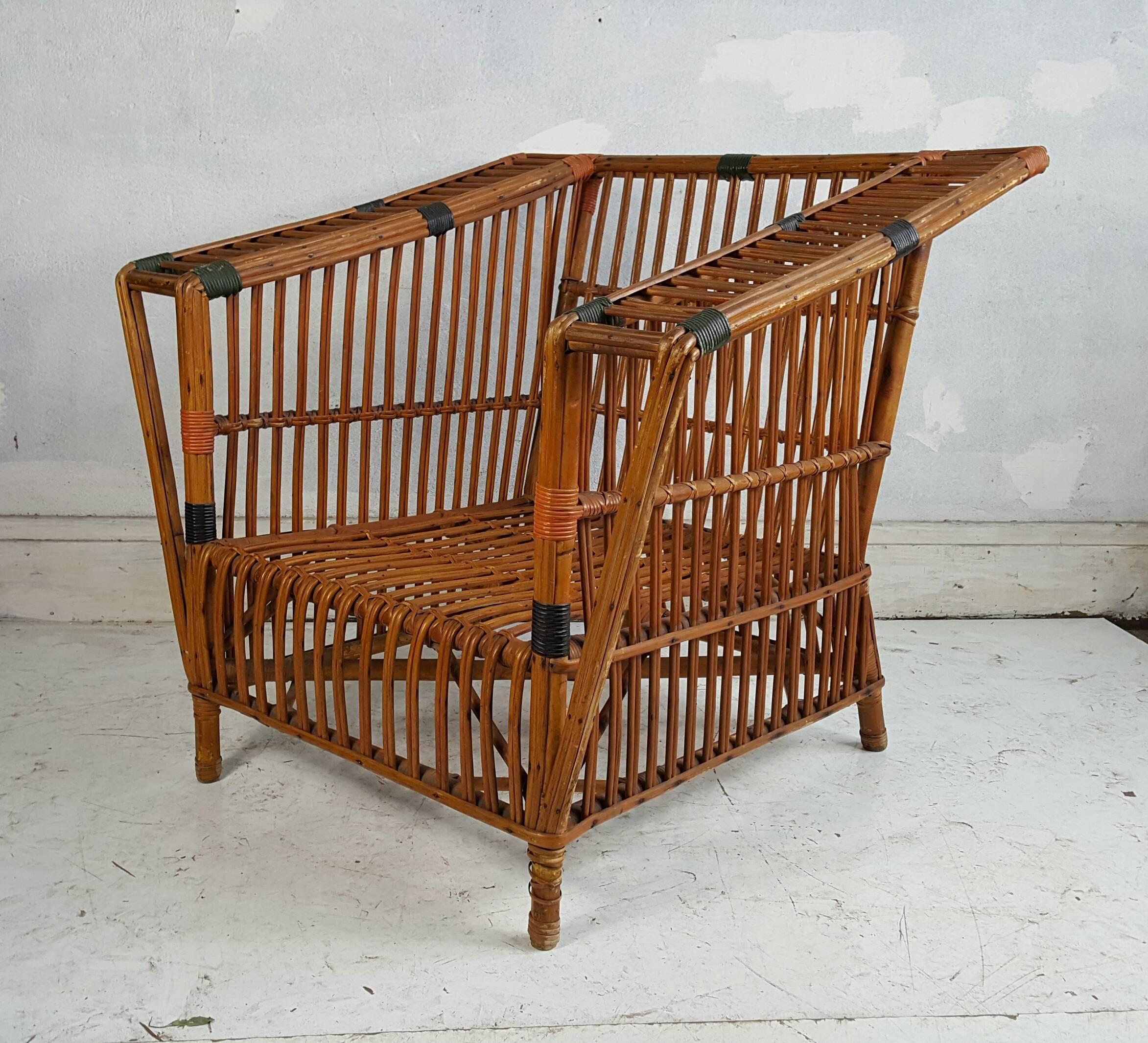 American Unusual Art Deco Stick Wicker, Split Reed Arm Chair, Ypsilanti Reed