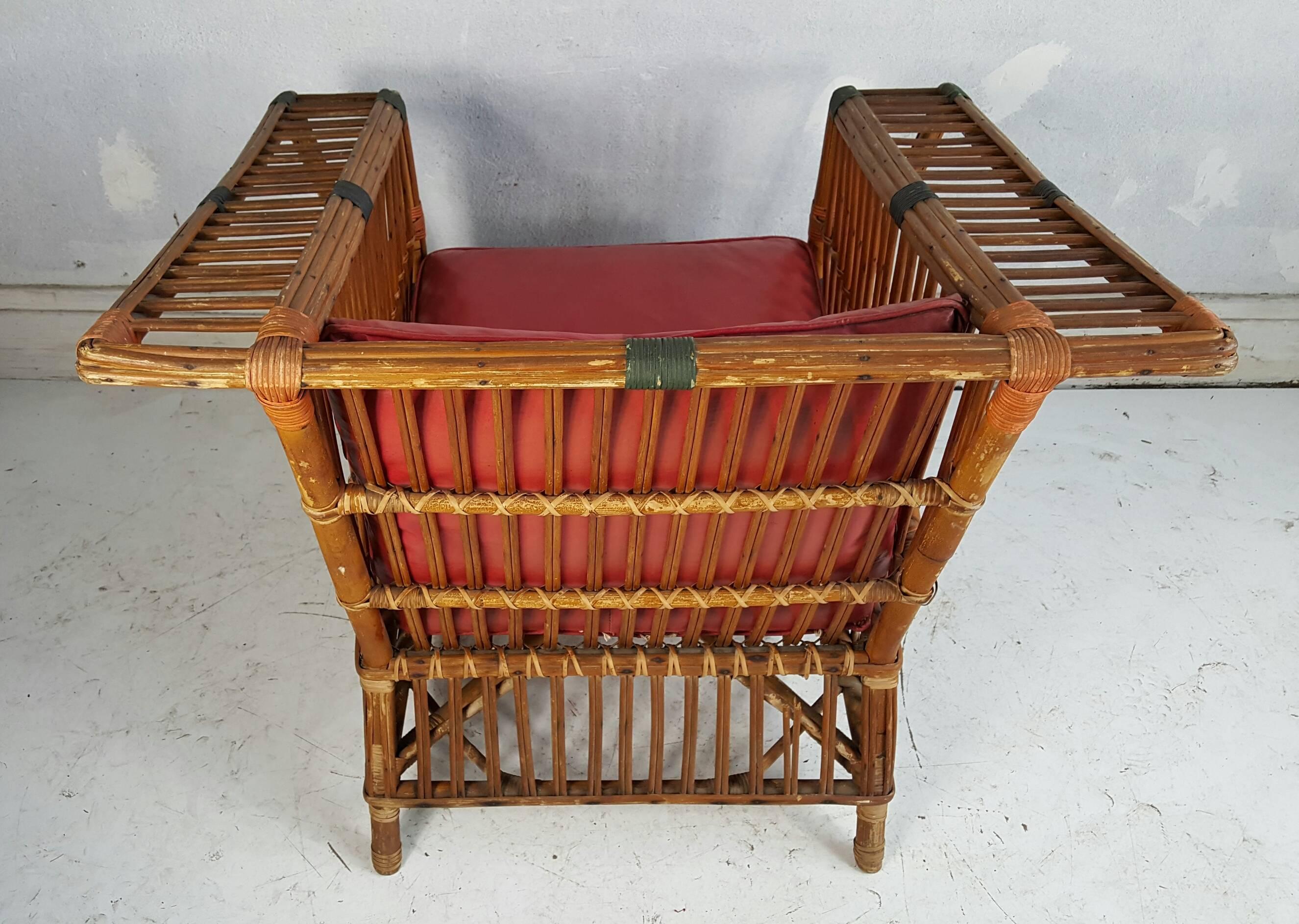 Unusual Art Deco Stick Wicker, Split Reed Arm Chair, Ypsilanti Reed In Good Condition In Buffalo, NY