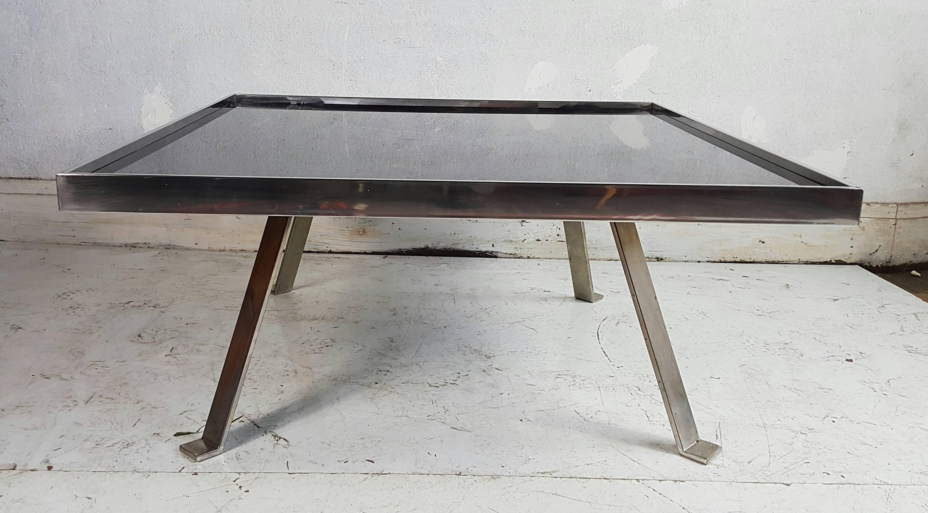Italian Modernist Aluminium and Black Glass (Vitrolite) Cocktail Table In Good Condition For Sale In Buffalo, NY