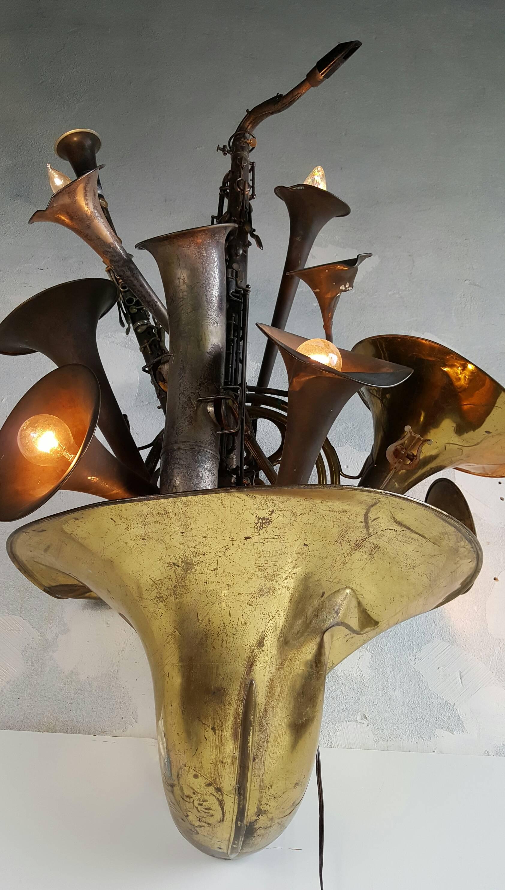 Large Wind Instrument Brass Wall Sconce French Horn, Saxophone In Distressed Condition In Buffalo, NY