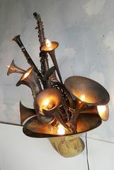 Large Wind Instrument Brass Wall Sconce French Horn, Saxophone