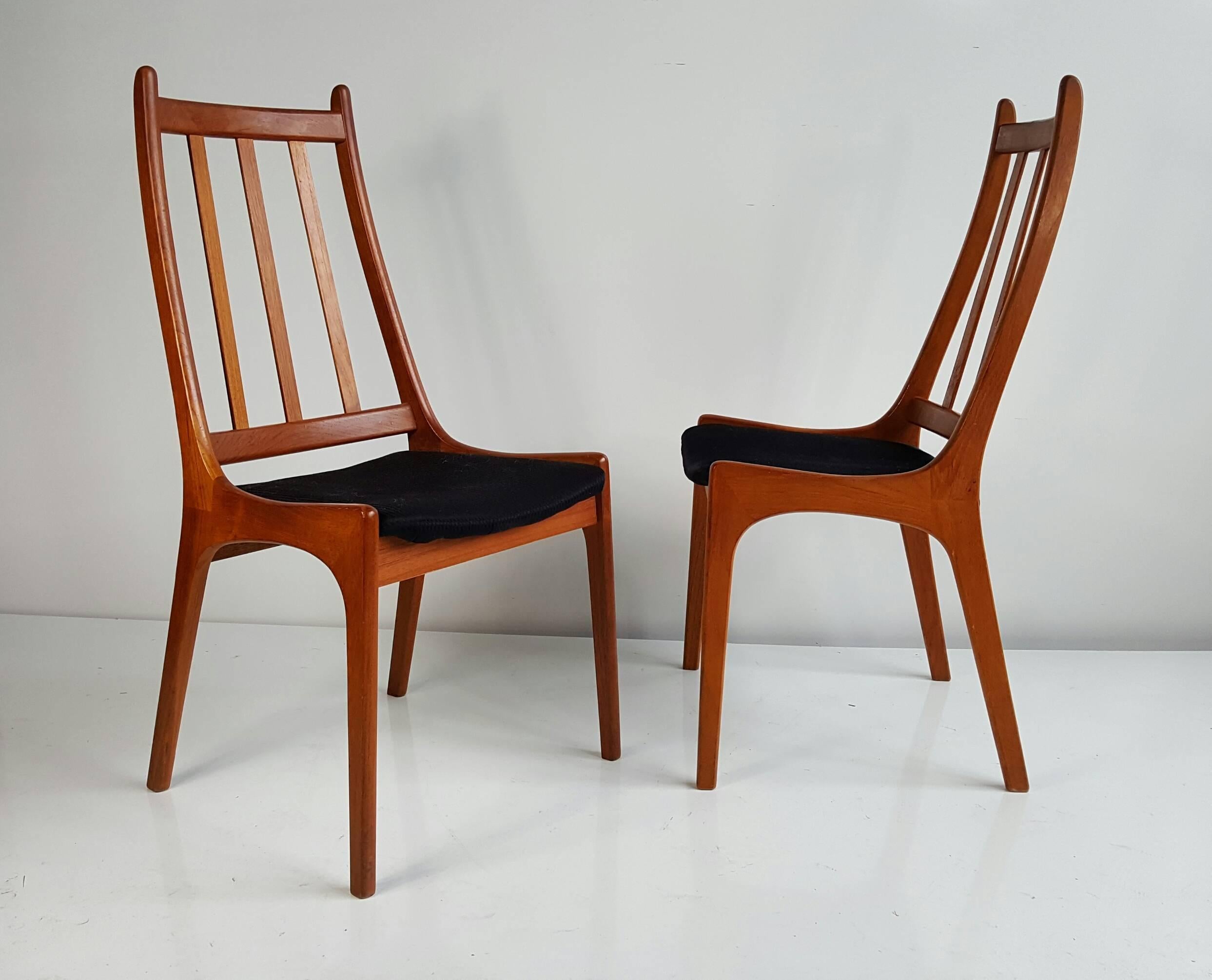 Set of six teak dining chairs, made in Denmark, Kai Kristiansen, solid teak construction, extremely comfortable.