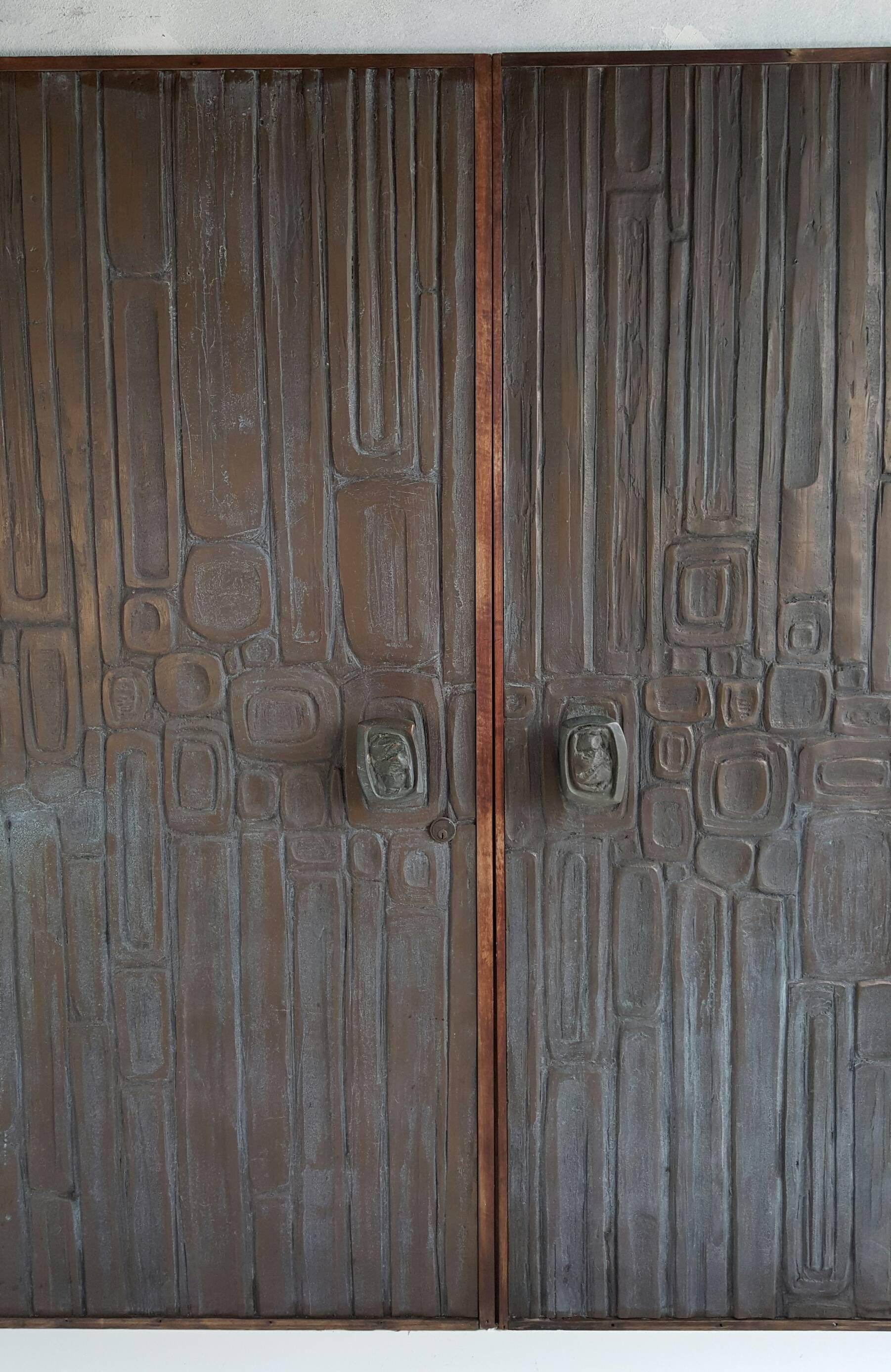 Late 20th Century Rare Pair of Bonded Bronze Doors, Style of Forms and Surfaces, Brutalist Design