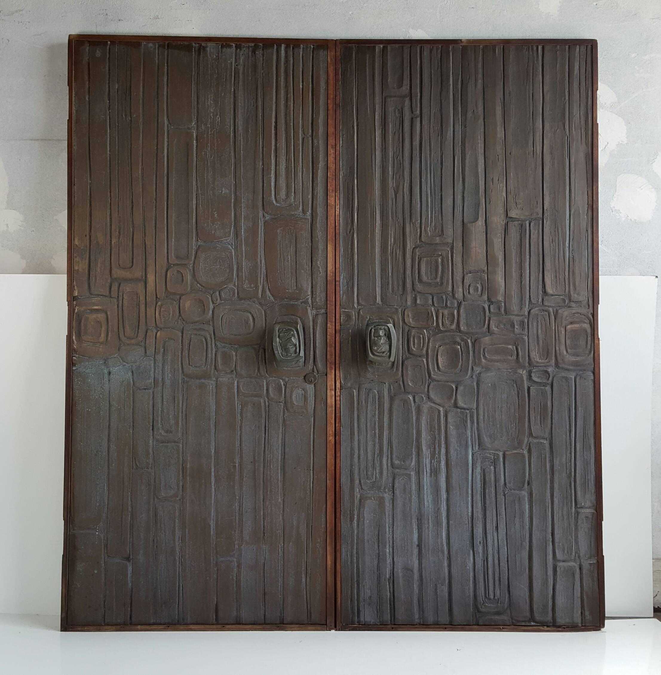 Mid-Century Modern Rare Pair of Bonded Bronze Doors, Style of Forms and Surfaces, Brutalist Design