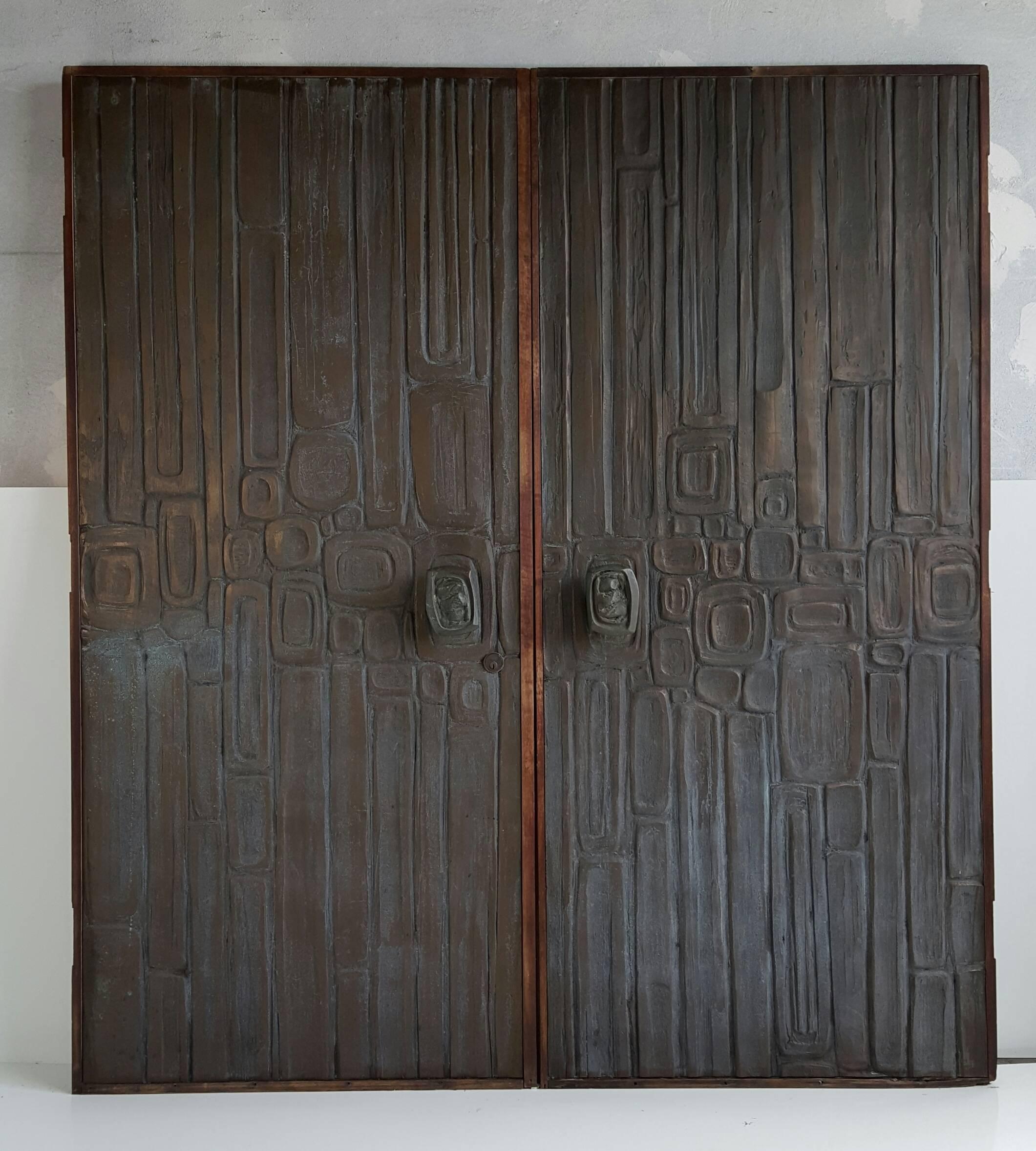 Rare Pair of Bonded Bronze Doors, Style of Forms and Surfaces, Brutalist Design 1