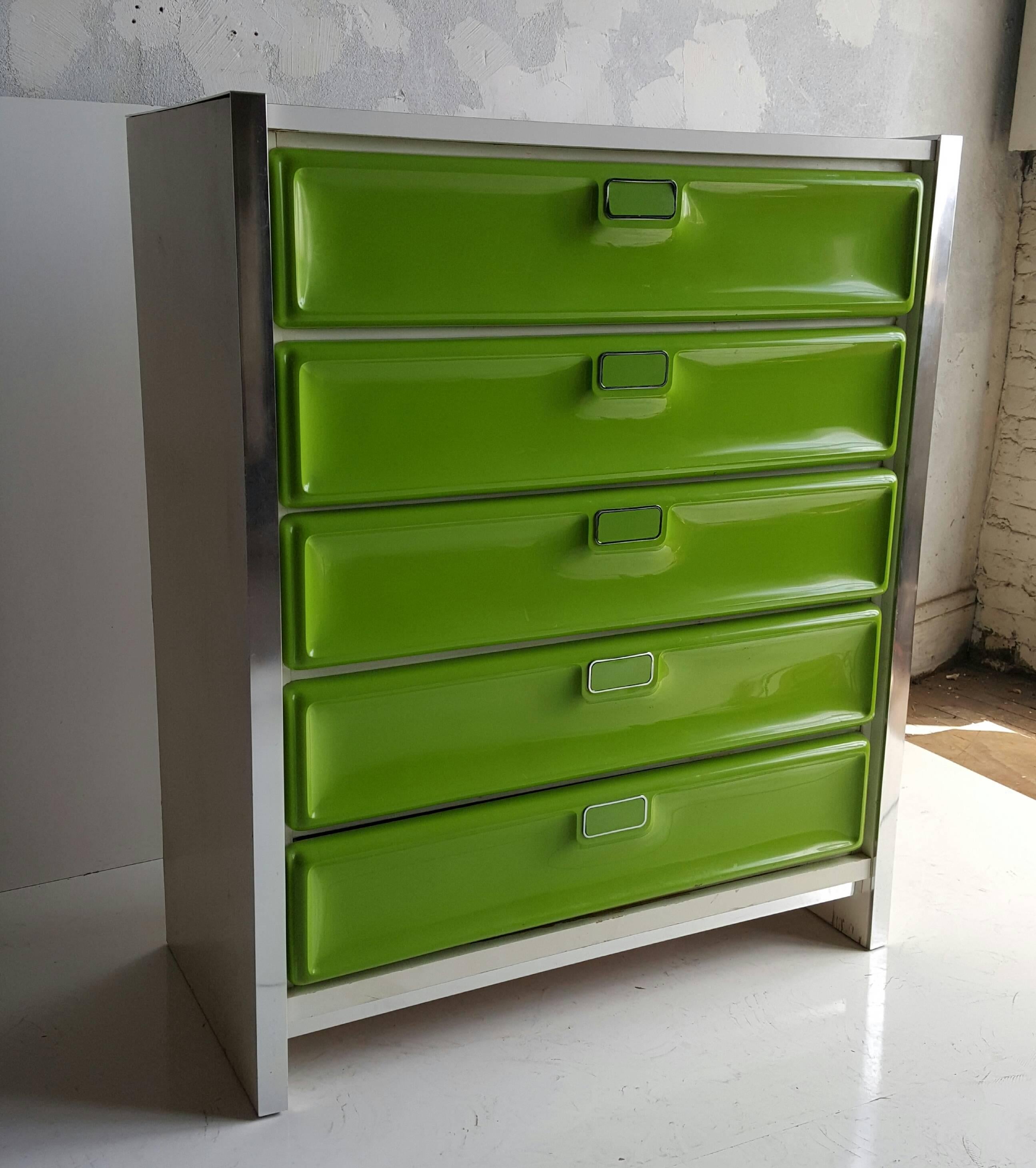 Architectural Postmodern five-drawer chest, great color, white lacquer sides, white laminate top, stunning chrome trim and pea green plastic front.