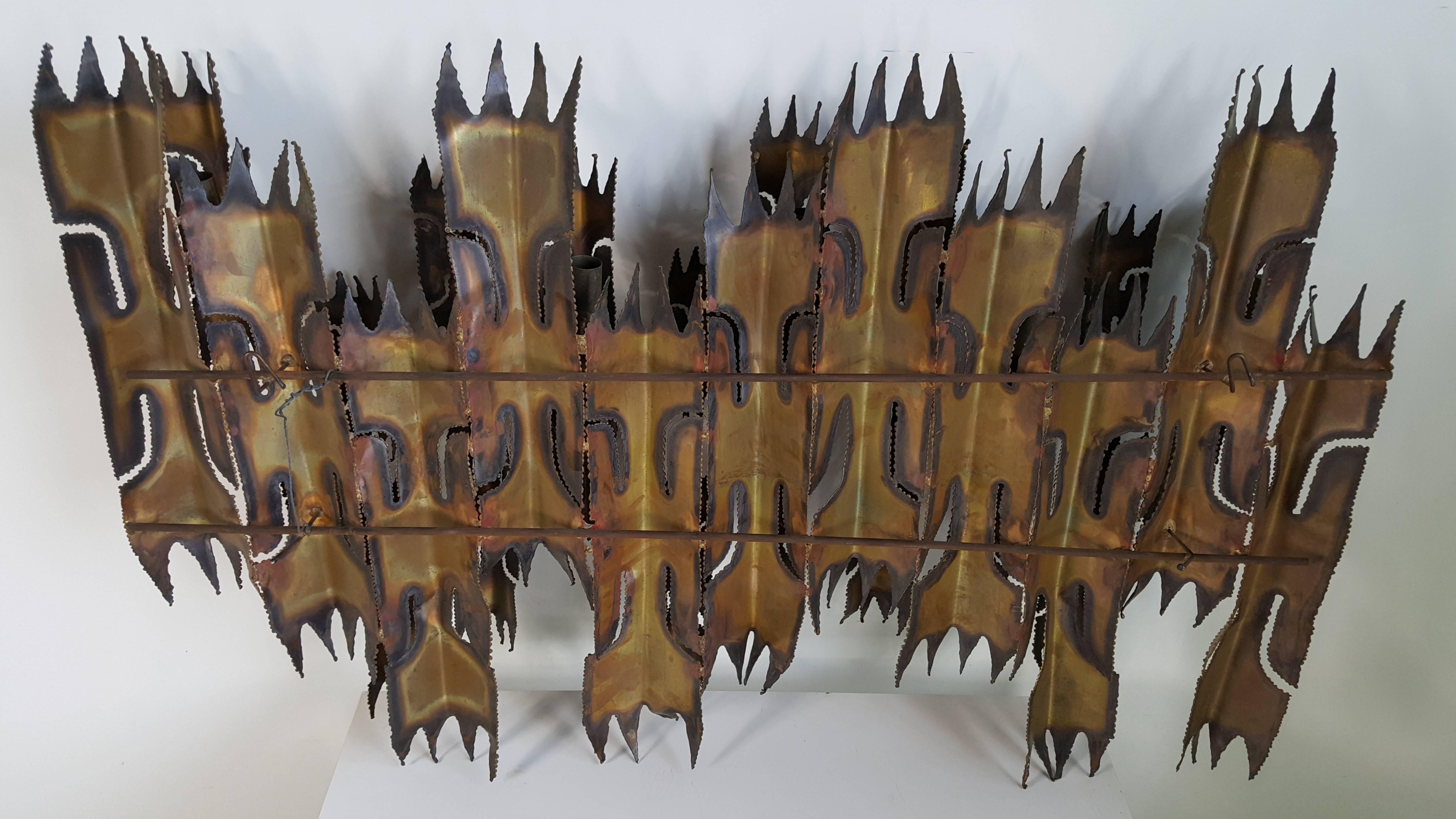 Brutalist Torch Cut Wall Sculpture Candelabrum by Tom Greene, Feldman In Excellent Condition For Sale In Buffalo, NY