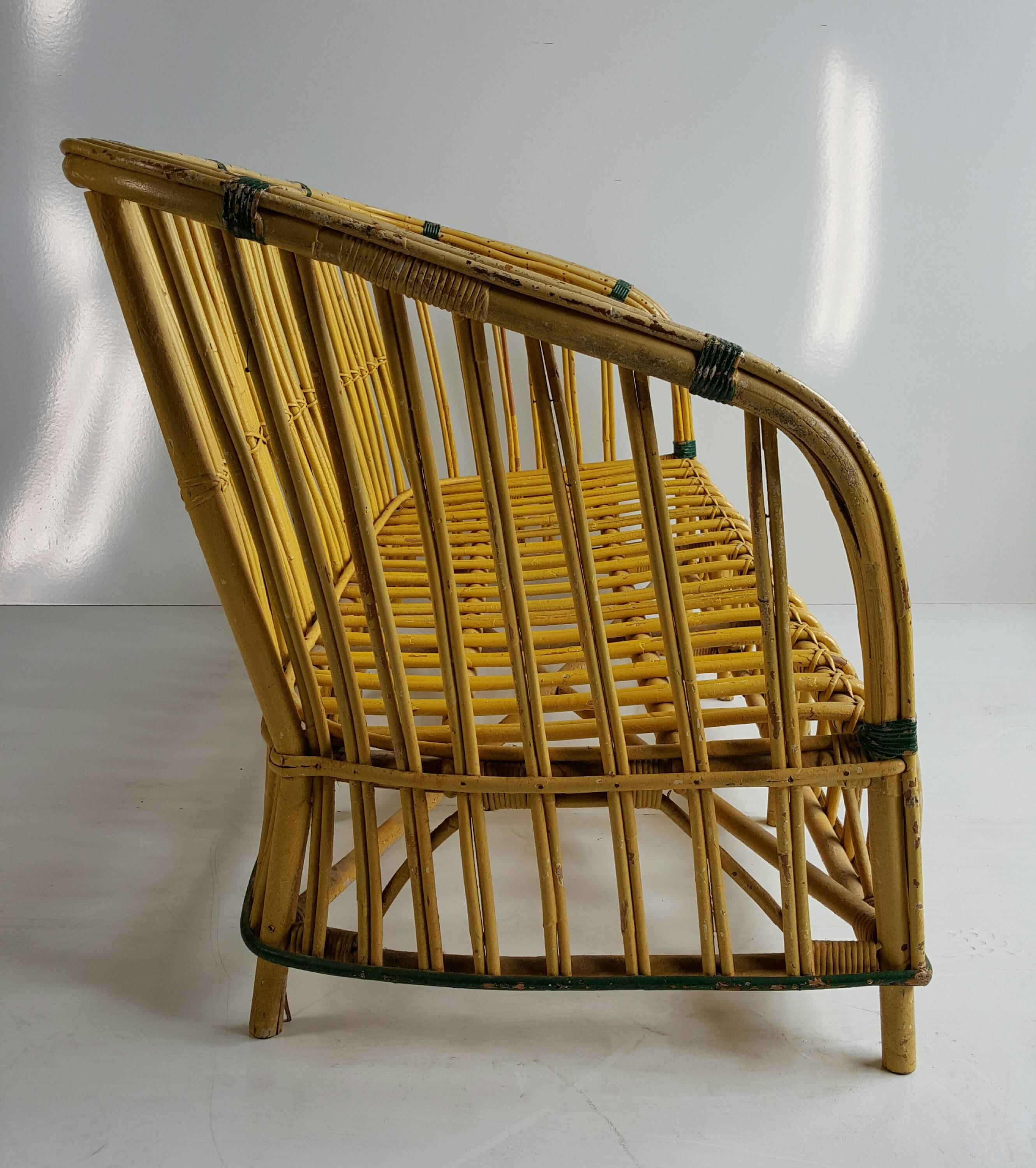 American Art Deco Stick Wicker /Split Reed Sofa and Chair Set