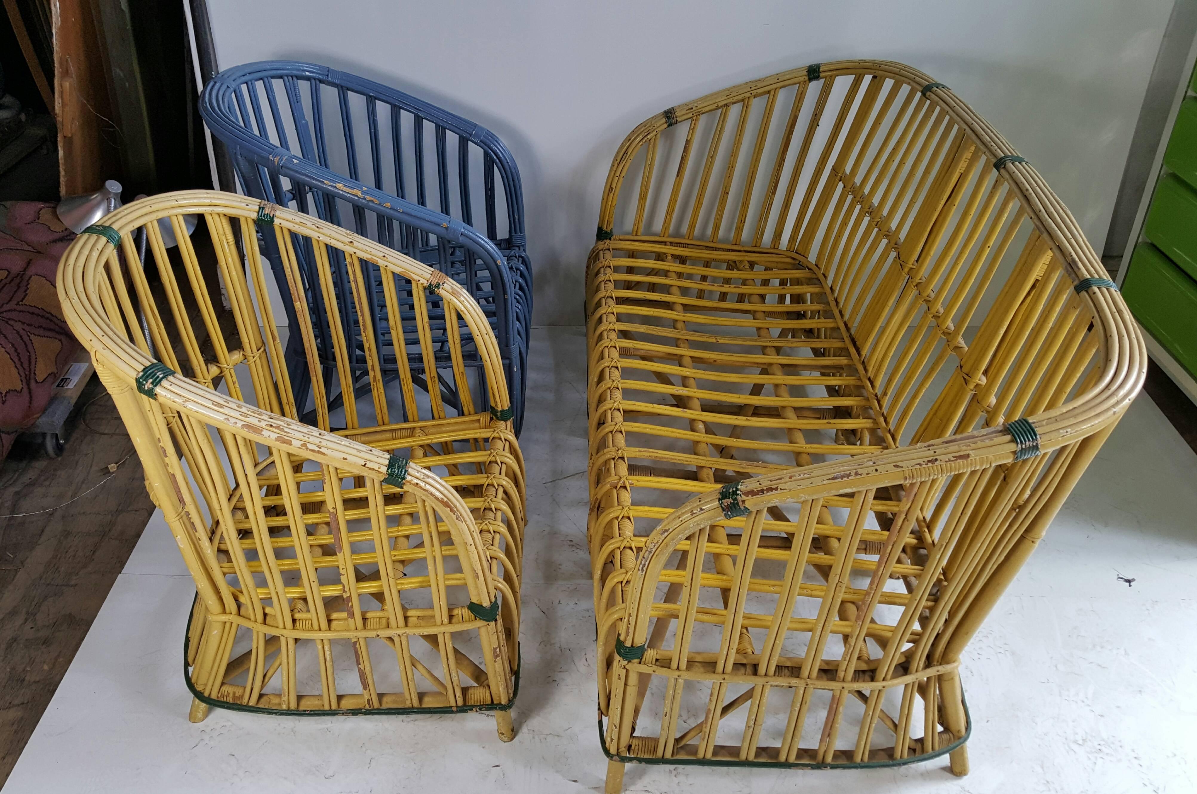 Mid-20th Century Art Deco Stick Wicker /Split Reed Sofa and Chair Set