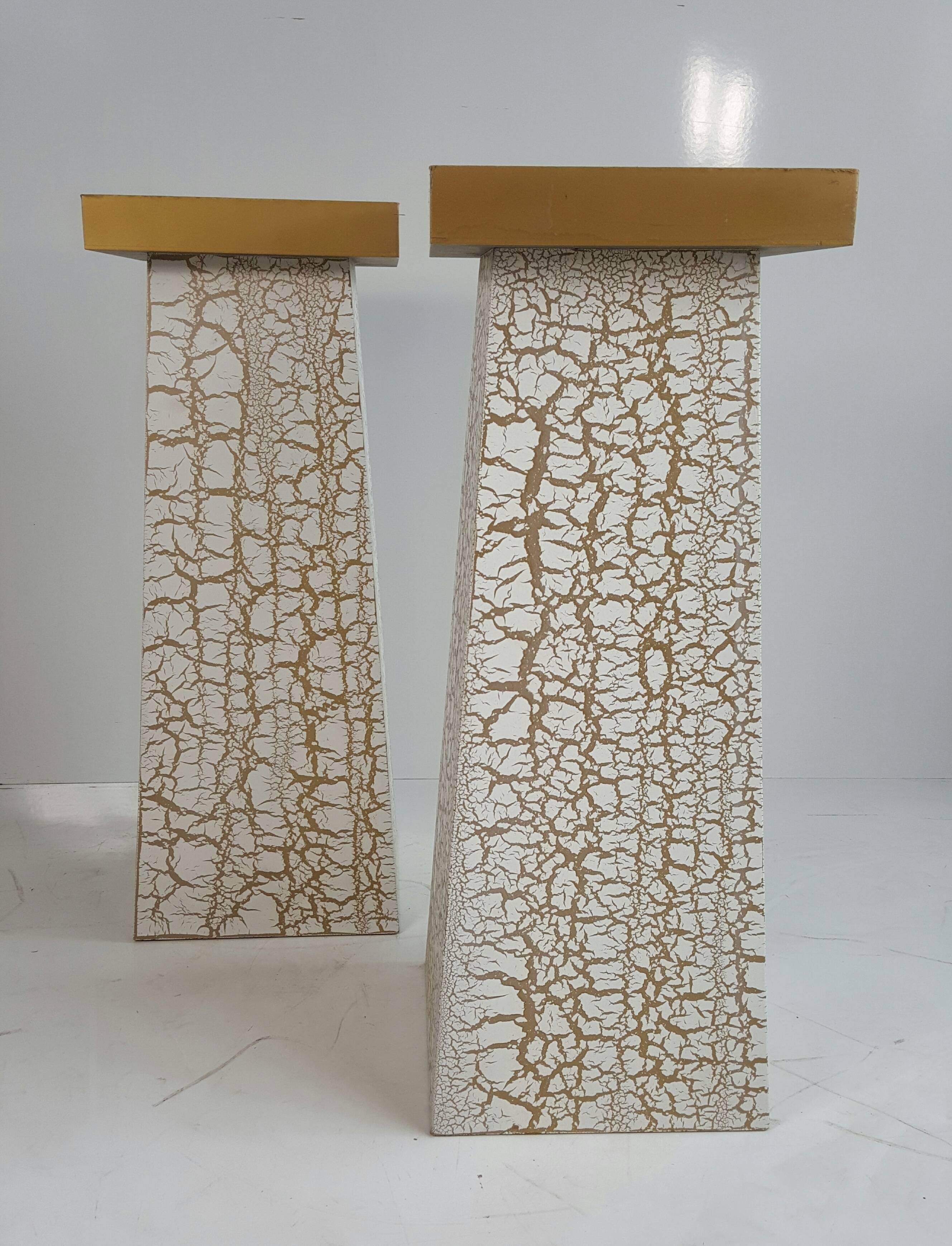 Modernist crackle finish plant stands / pedestals, original paint and surface. Interesting gold and white crackle finish.