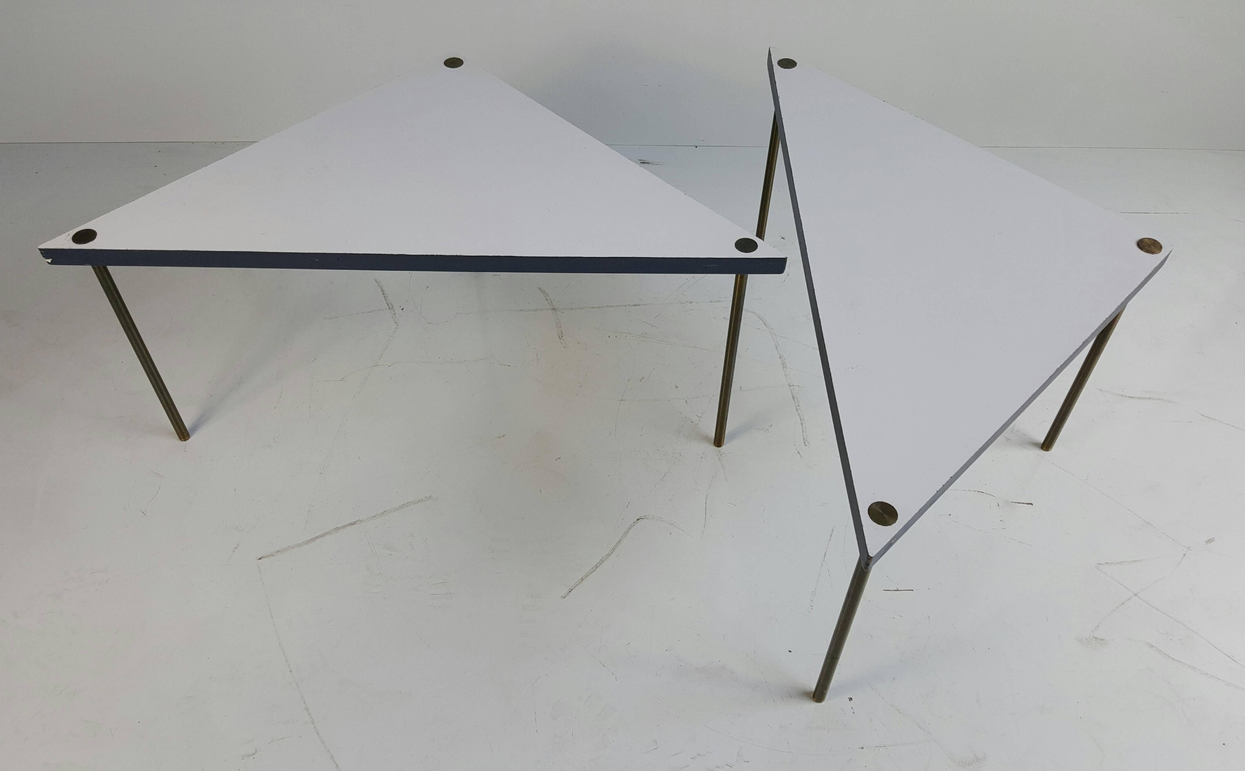 Matched pair of Italian tables, white and blue lacquer, pencil brass legs, Extremely versatile, endless configurations, coffee table, end tables, pedestals, or stands.