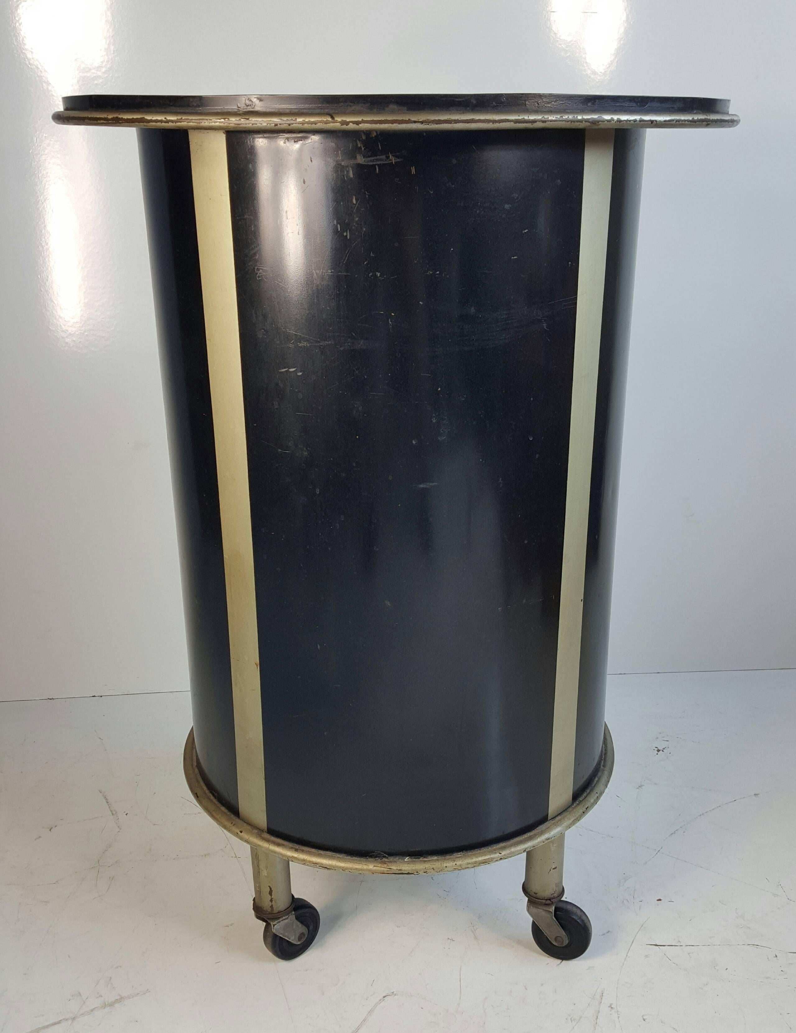 Art Deco, Black and Nickel Cylinder Portable Bar, Classic 1930s Design