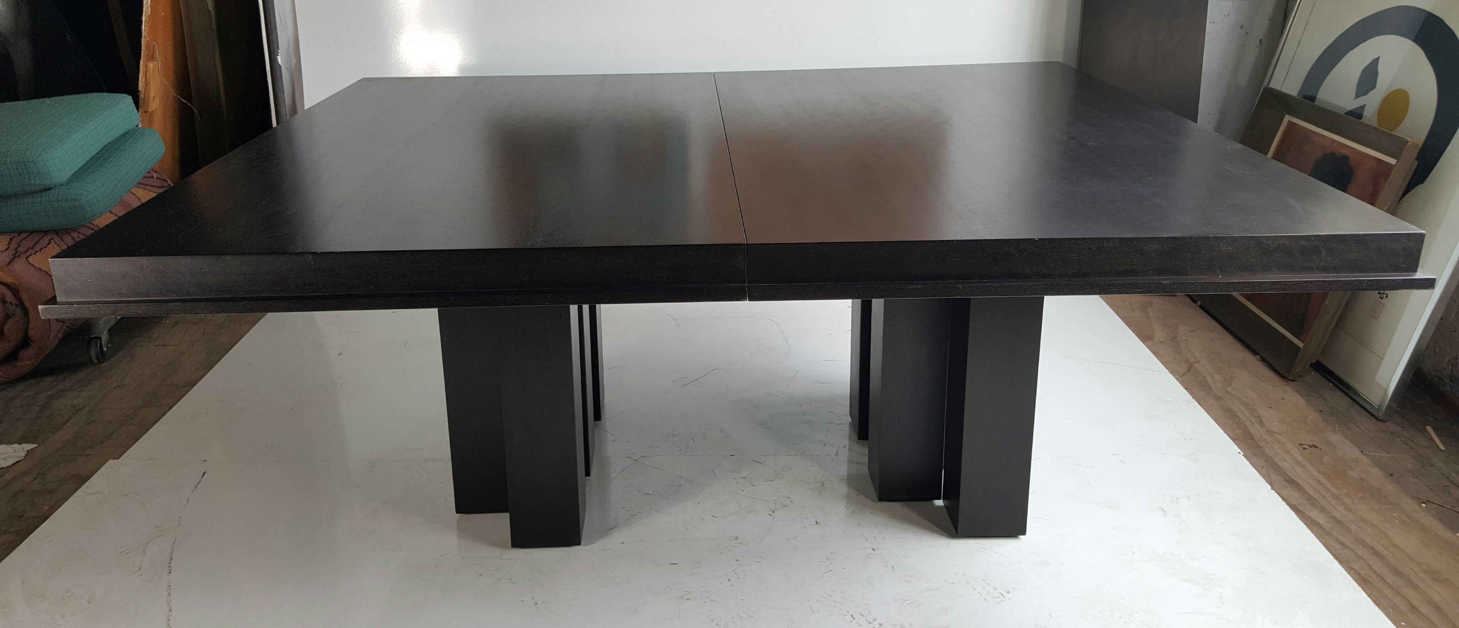 Massive Anoline dye black mahogany dining table by Wendell Castle for Icon Design.

Quietly one of his most beautiful pieces, elegant details abound in the Sorcerer. Wendell designed the modern table with two leaves, world-class veneer, and a