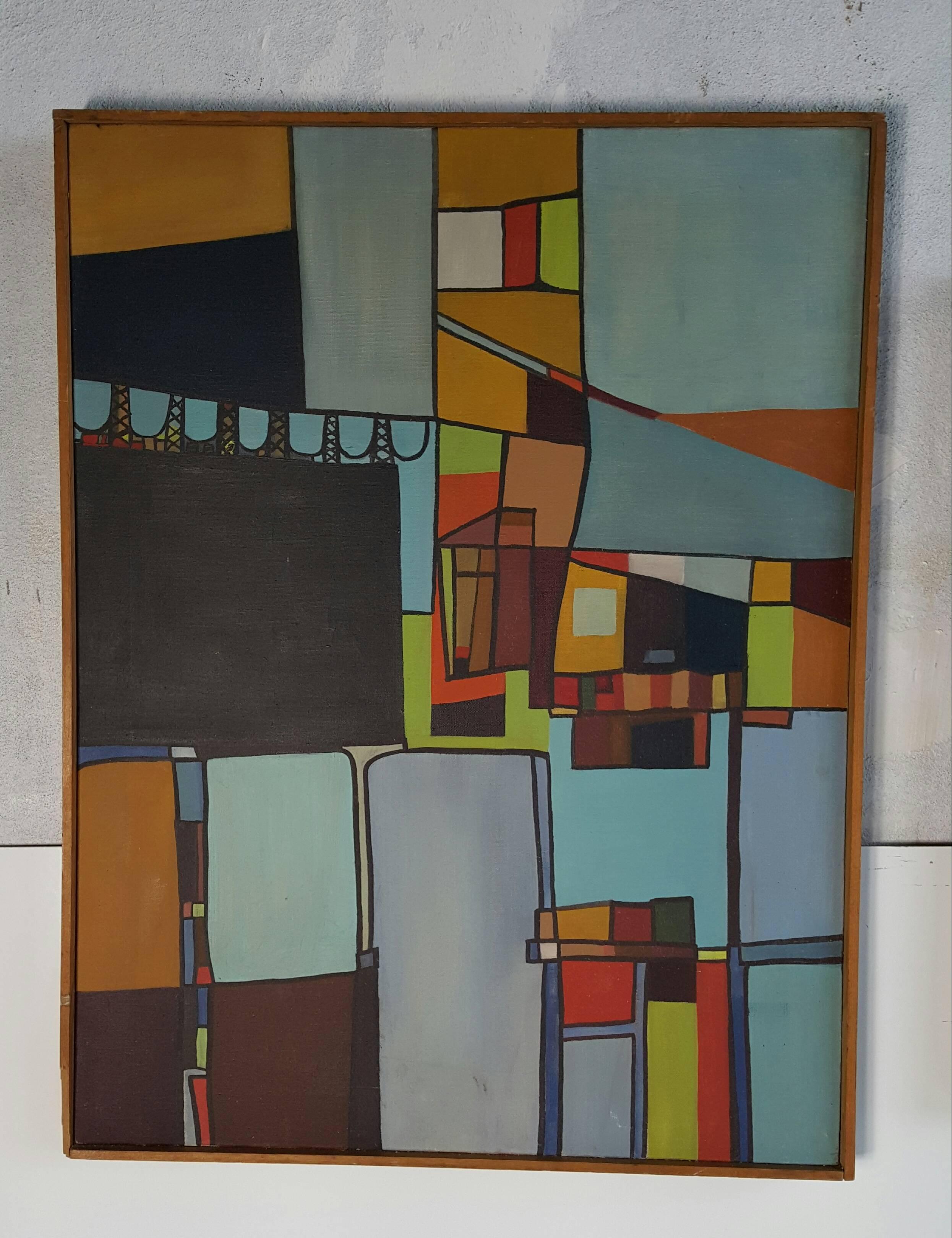 Mid-Century Modern abstract constructivism oil paintings, signed DeGlopper. Wonderful use of color and space, larger painting measures 31 H x 23 W x 2. Smaller painting measures 25 H x 29 W.