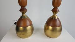 Pair of Classic Modernist Walnut and Brass Lamps by Tony Paul