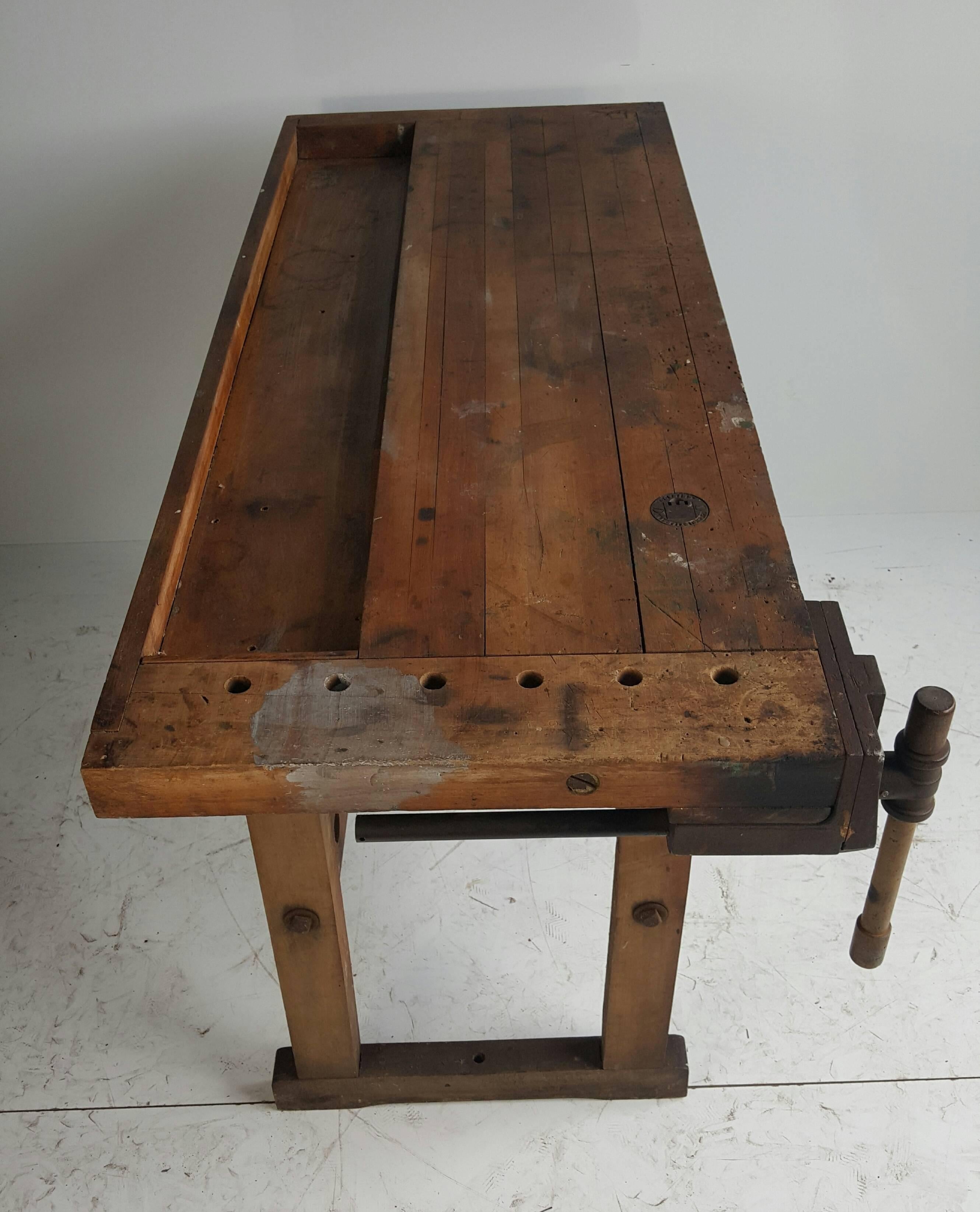 Small Industrial Work Bench, C. Christiansen, Abernathy Vice In Distressed Condition In Buffalo, NY