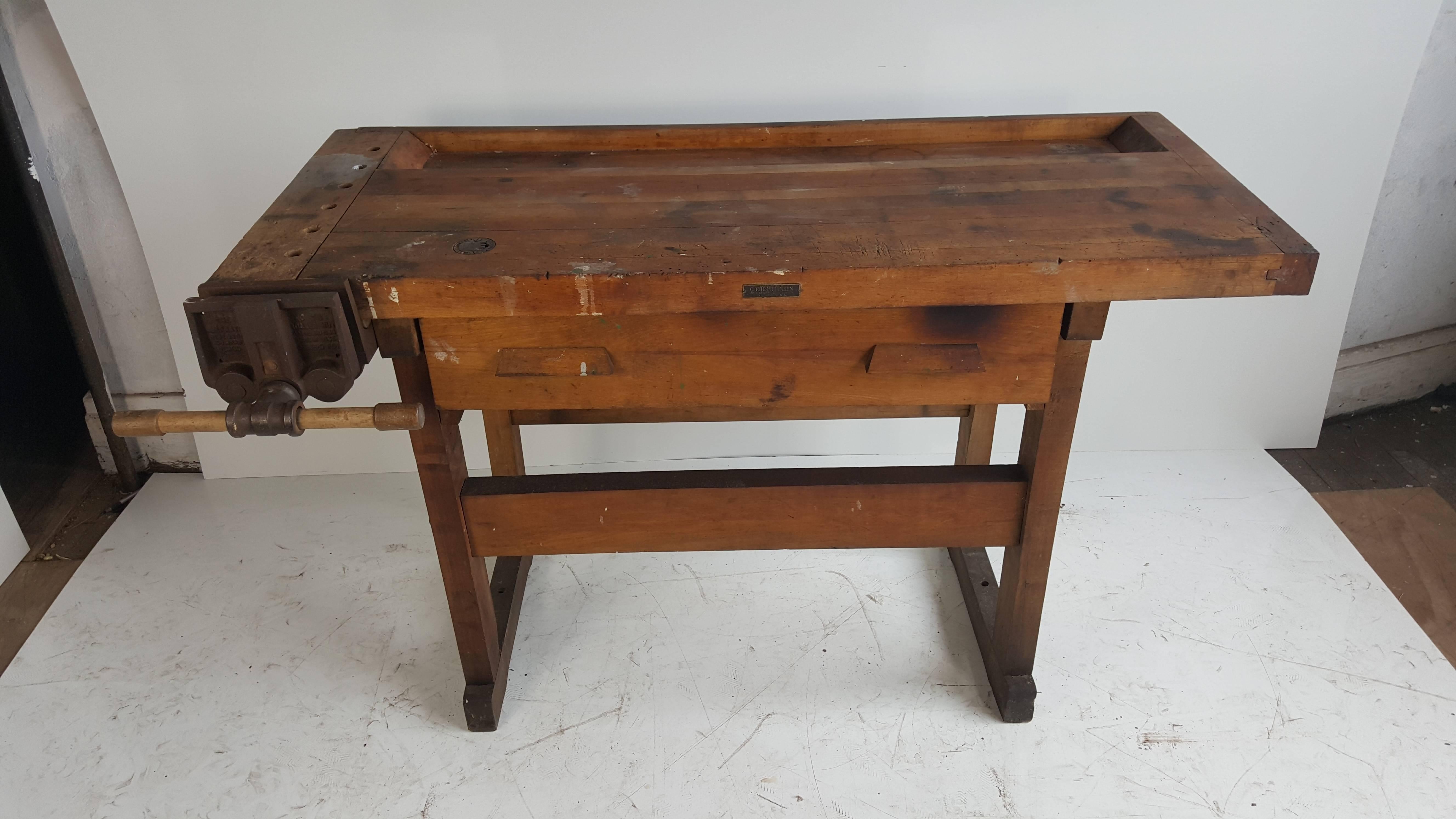 C. Christiansen Industrial work bench, desk, island, work space, unusual small size, wonderful finish surface, patina, dovetail joints. Superior quality and construction. Retains original Abernathy vice with original handle.