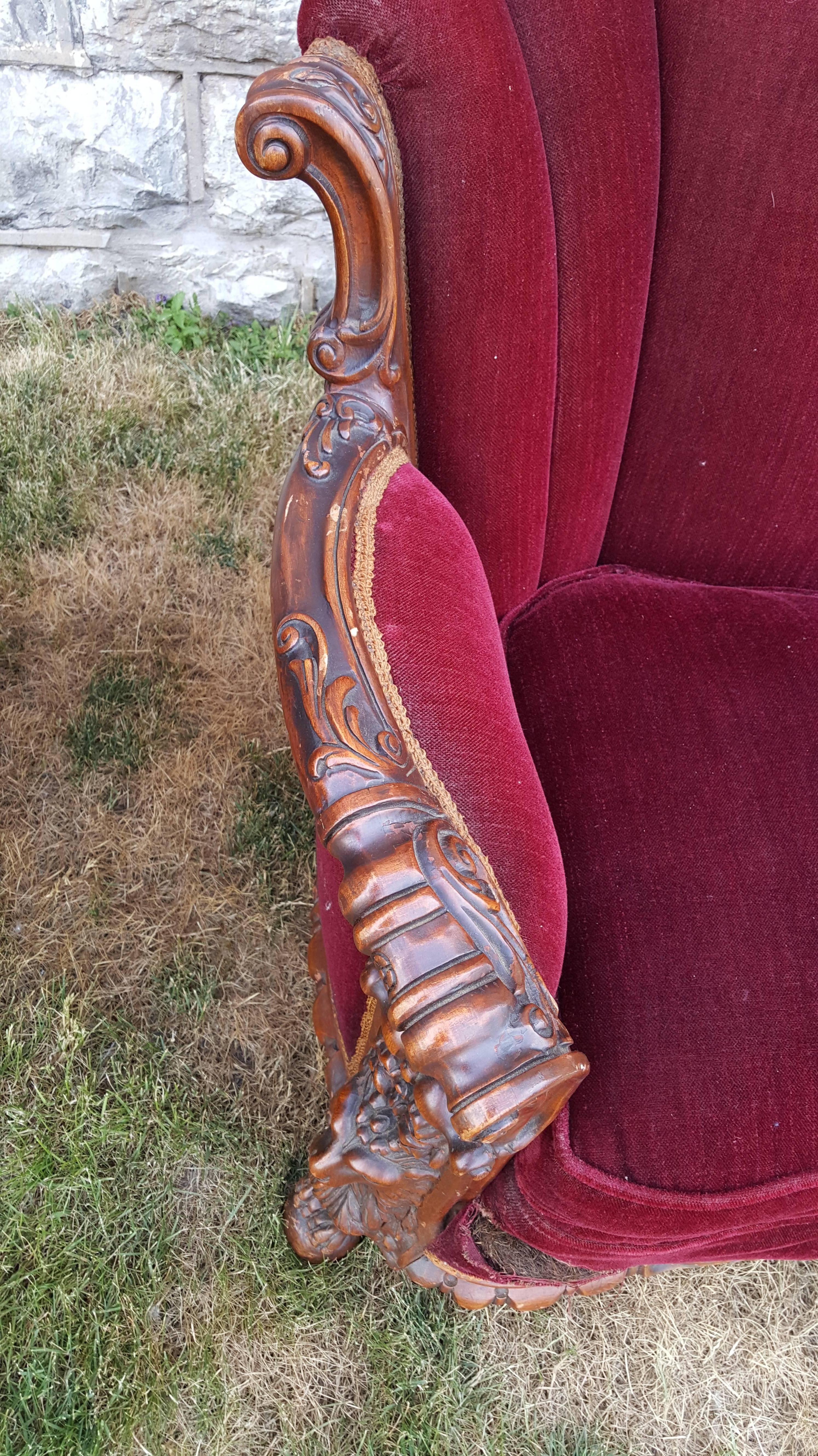 Mahogany Pair of 1930s Mohair and Carved Wood Lounge Chairs Carved Lion Motif